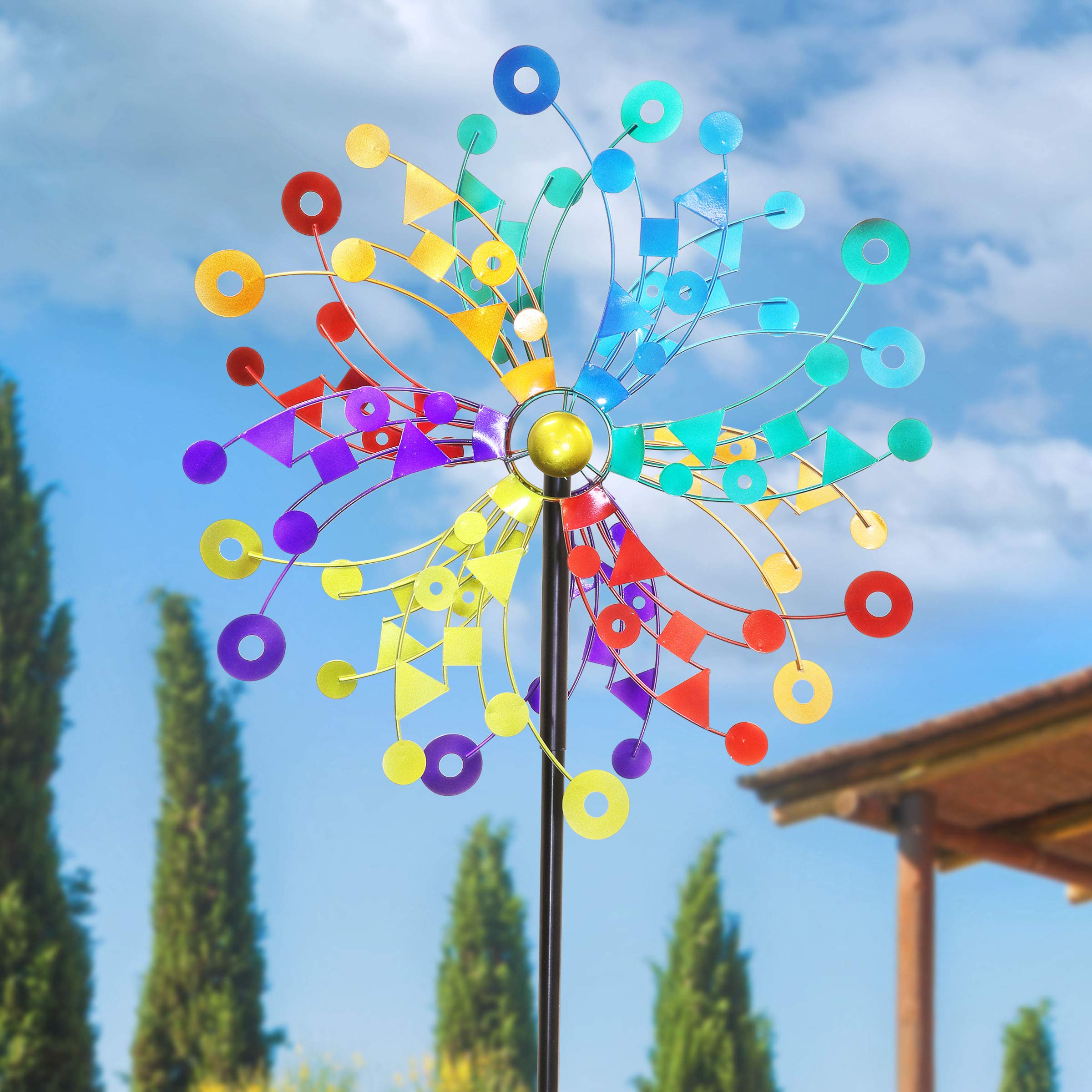 Exhart Rainbow Windmill Garden Stake Colorful Wind Dual Spinner w/Multicolored Dual Metal