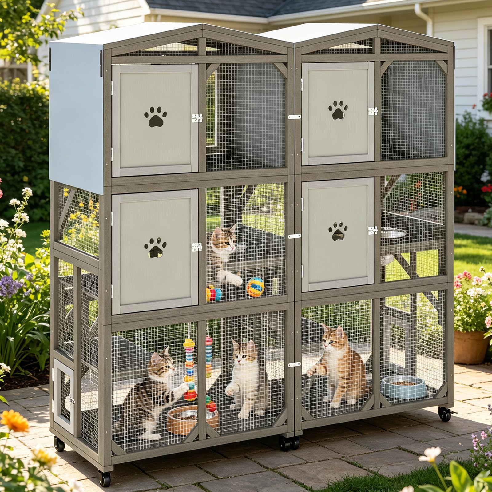 Ketive 66" H Large Wooden Catio Outdoor Cat Enclosure with Wheels