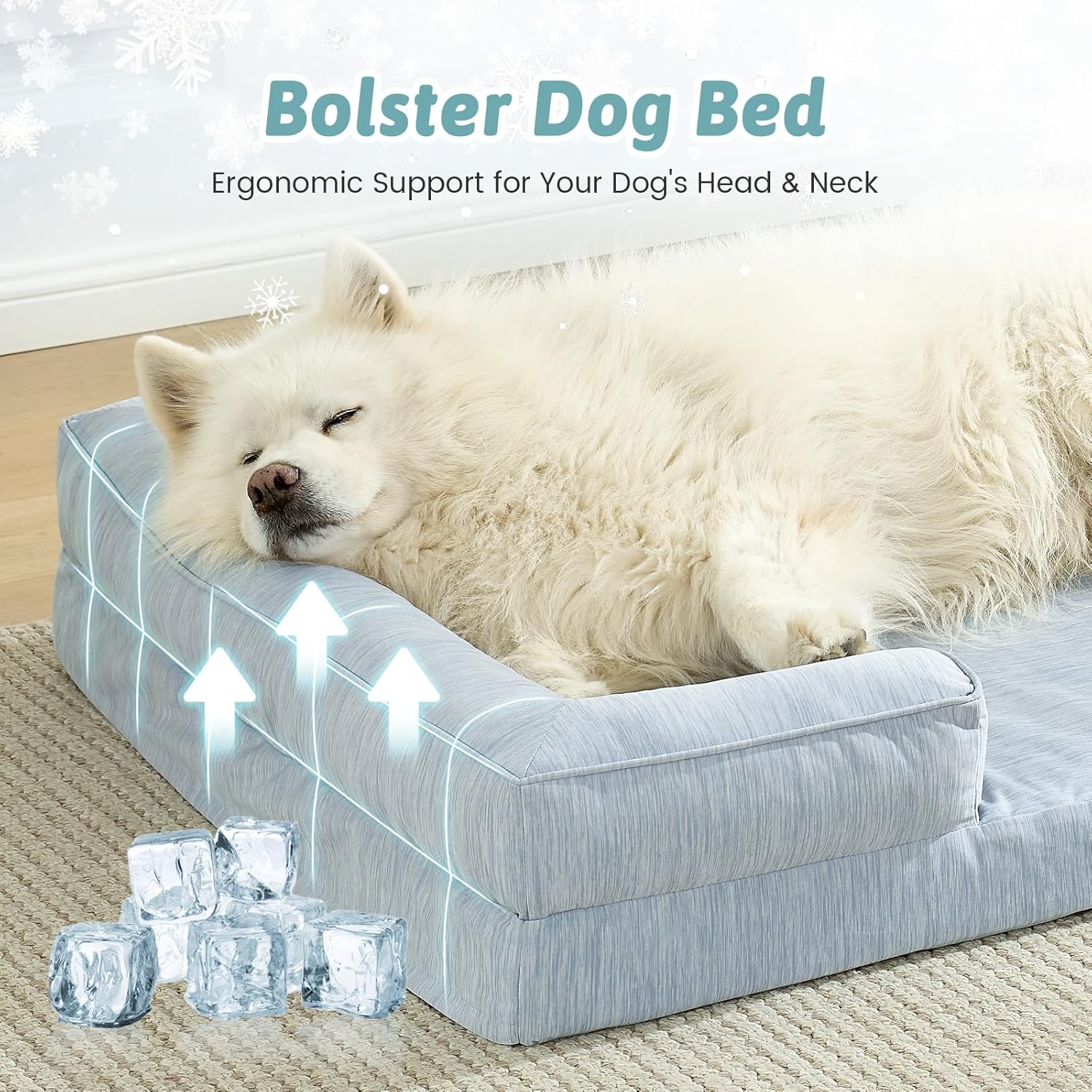 Cooling Dog Bed for Extra Large Dogs 44x32 inch, Q-Max >0.4 Summer Cool Orthopedic Foam Pet Sofa Bed with Sides, XL Size Bolster Anti-Slip Couch with Washable Removable Cover, Blue