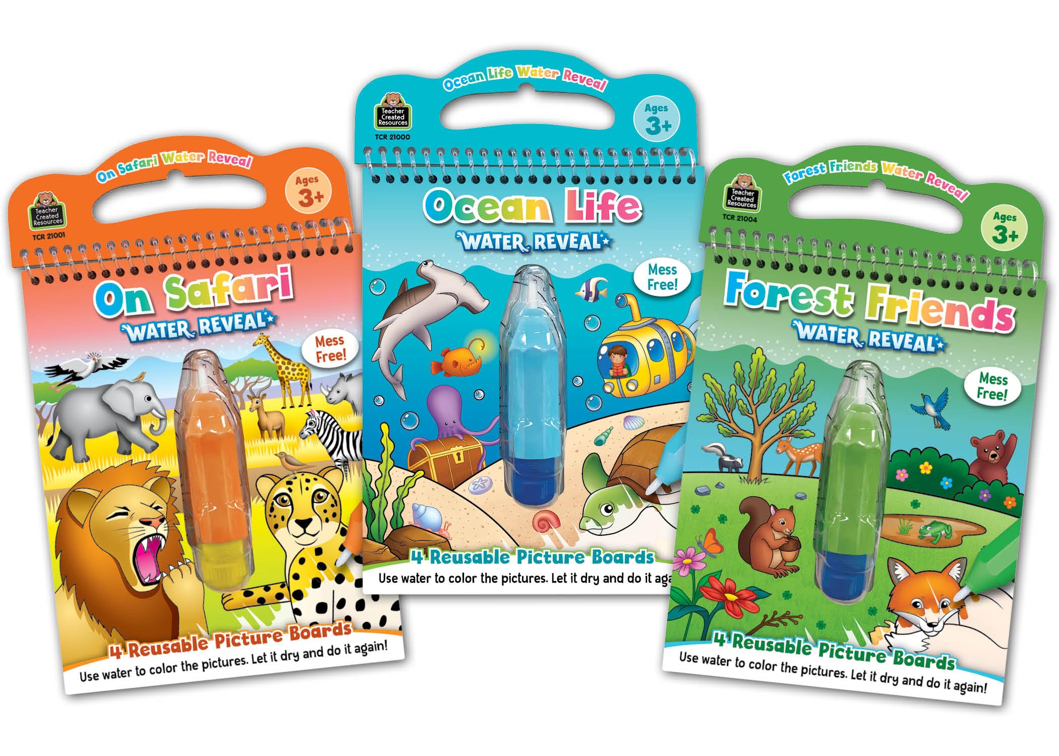 Teacher Created Resources Ocean Life Water Reveal, On Safari Water Reveal and Forest Friends Water Reveal Bundle