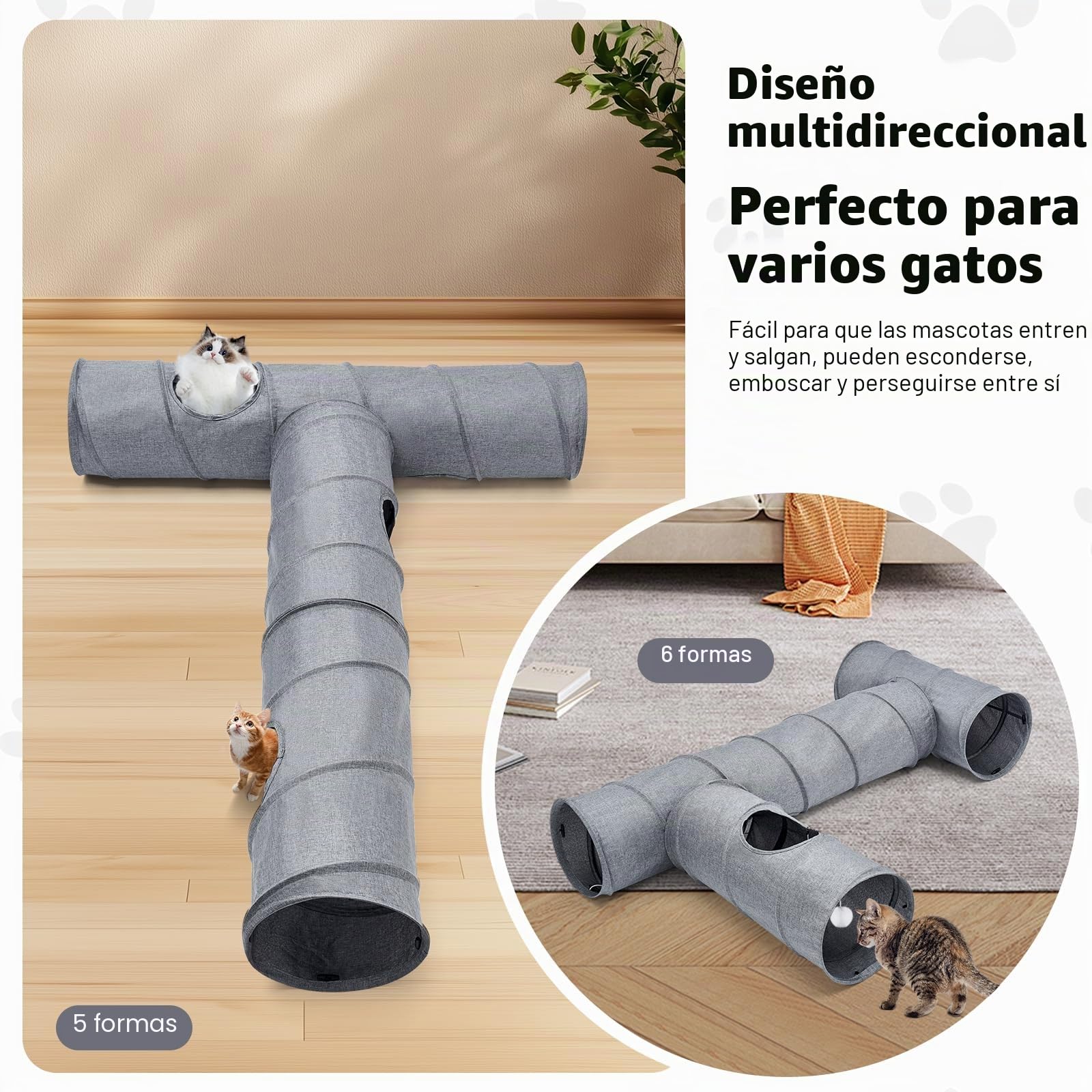 Túnel para gatos, 3 túneles de forma recta, 6 formas de bricolaje con juguetes de varita, sin ruido, resistente a los arañazos, tela de lino fresco, tubo interactivo para gatos de interior, cachorros