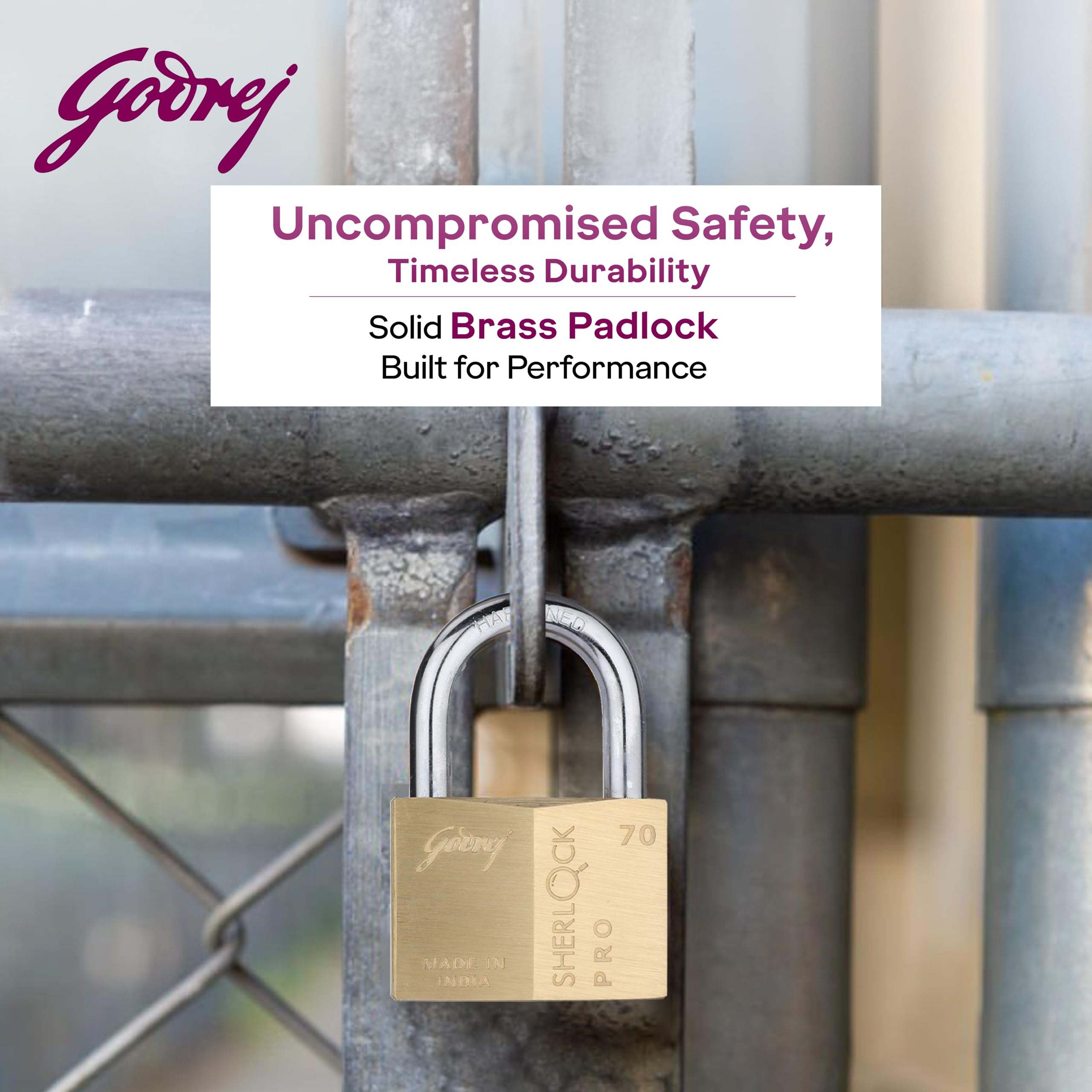 Godrej Locks | Sherlock Pro (70mm) Padlock | with 3 Keys | Premium Solid Brass Lock | Self-Locking Shackle | Double Locking | Rust-Resistant | Suitable for Doors | 1 Years Warranty — Amazon image 2