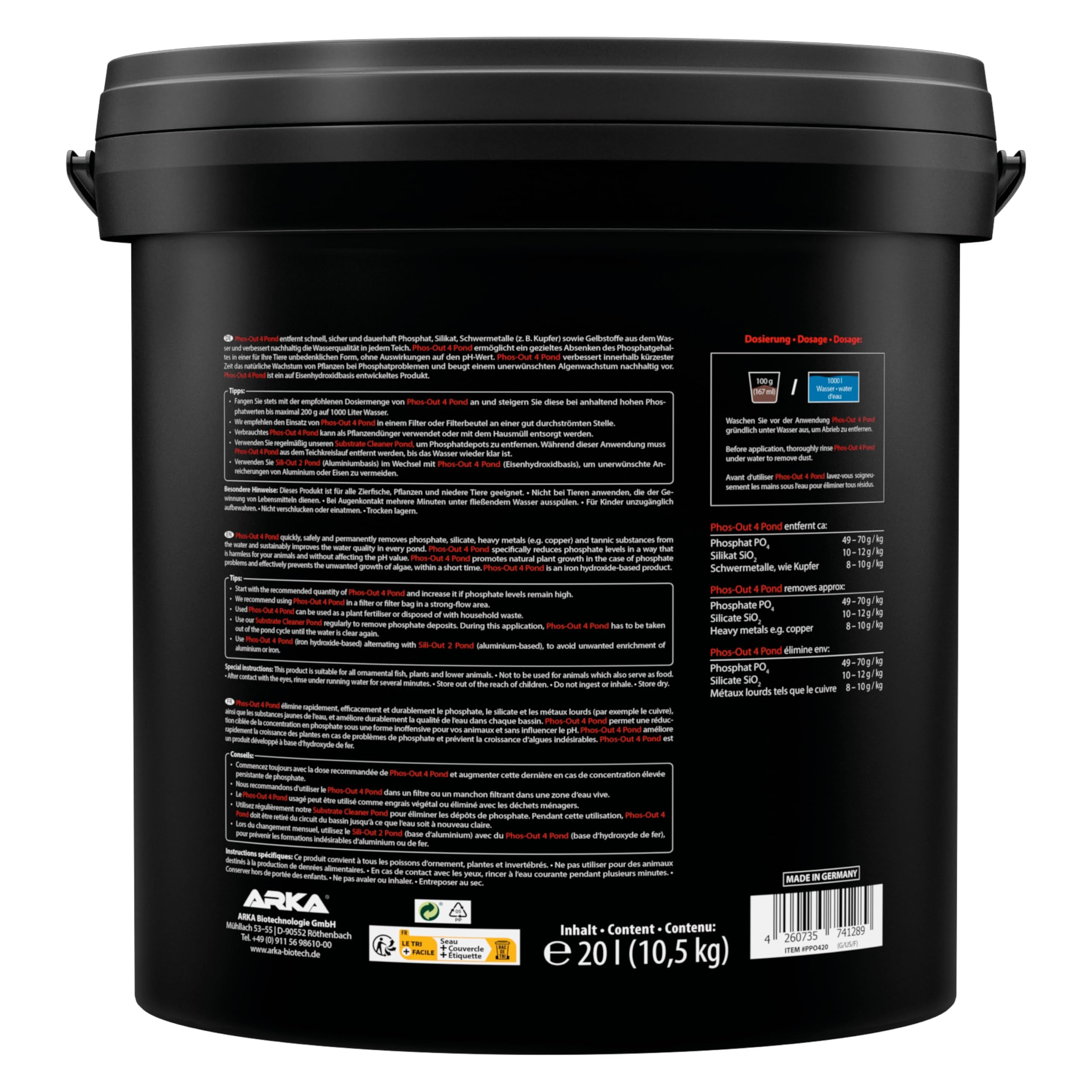 ARKA Pond Phos-Out 4 Granulat - 20 L - Leistungsstarker Phosphat-Entferner, entfernt Phosphat, Silikat, Sulfid und Gelbstoffe effektiv, auf Eisenhydroxid-Basis.