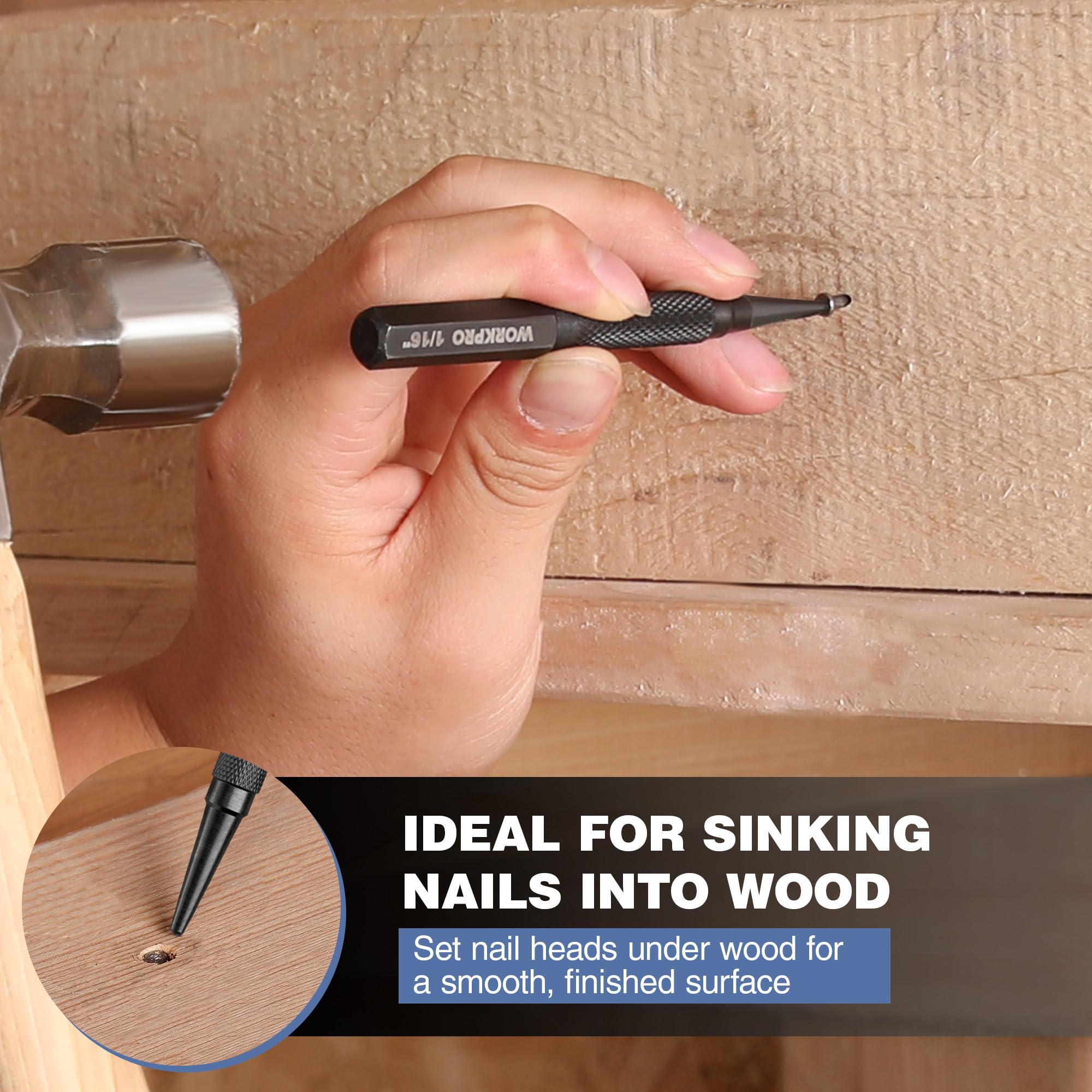 WORKPRO 4-Piece Nail Punch and Center Punch Set Hardened Cr-V Steel with Knurled Grip 1 32 1 16 — view 5