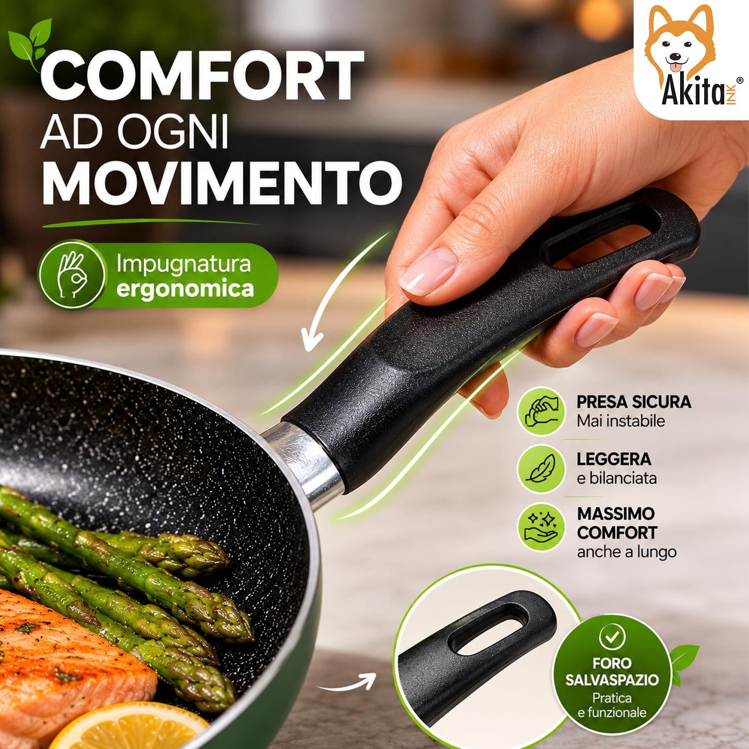 Akitaink Set 3 Padelle Antiaderenti Natura 20, 24 e 28 cm, Batterie di Padelle per Cucina Quotidiana, Resistenti e Pratiche