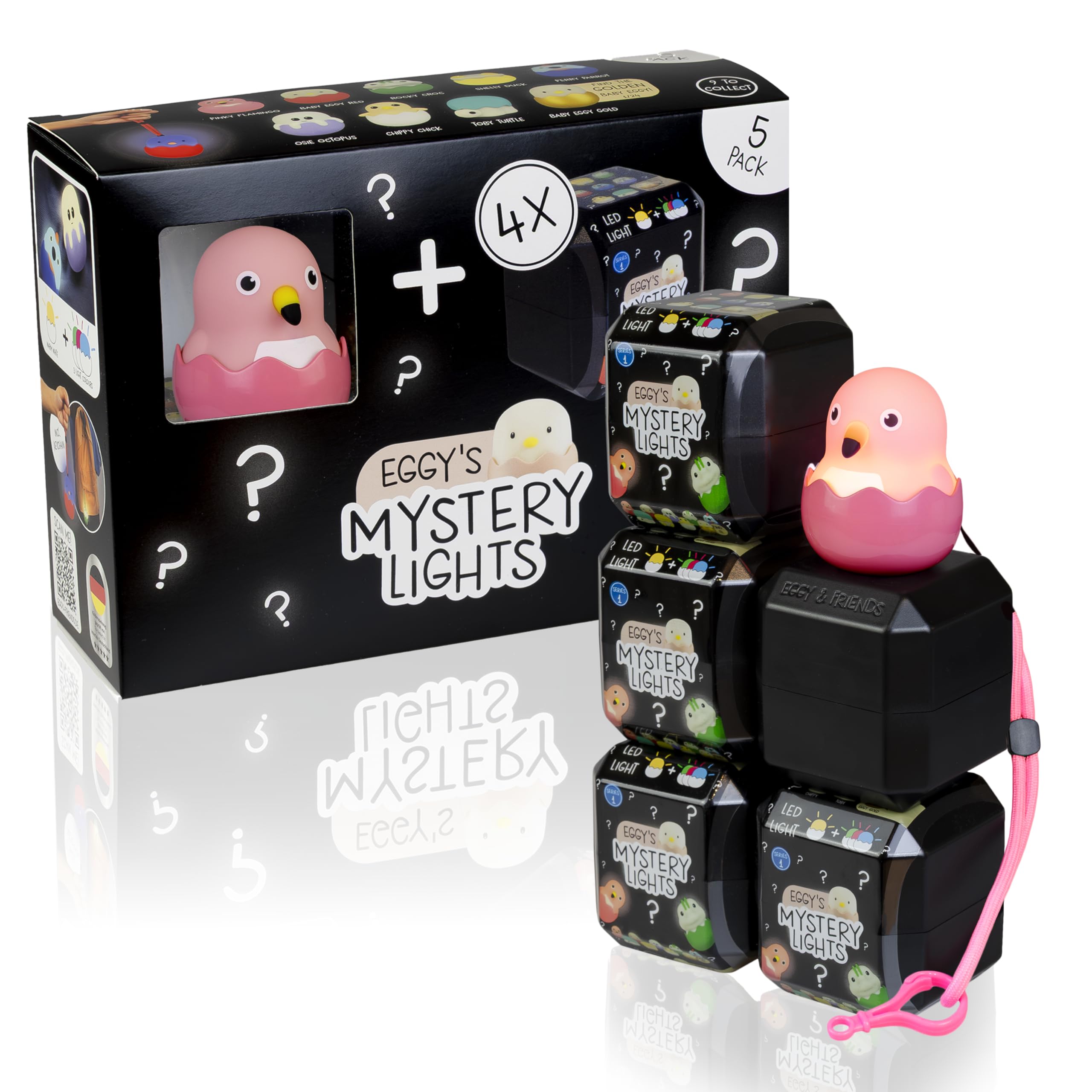 MegaLight Blind Box Mini Nachtlichter für Kinder 5er Pack | Mystery Box | Pinky Flamingo + 4 aus 9 per Zufall | stufenlos dimmbar | mit Anhänger | USB-C AKKU | wiederaufladbar | EGGY'S Mystery Lights