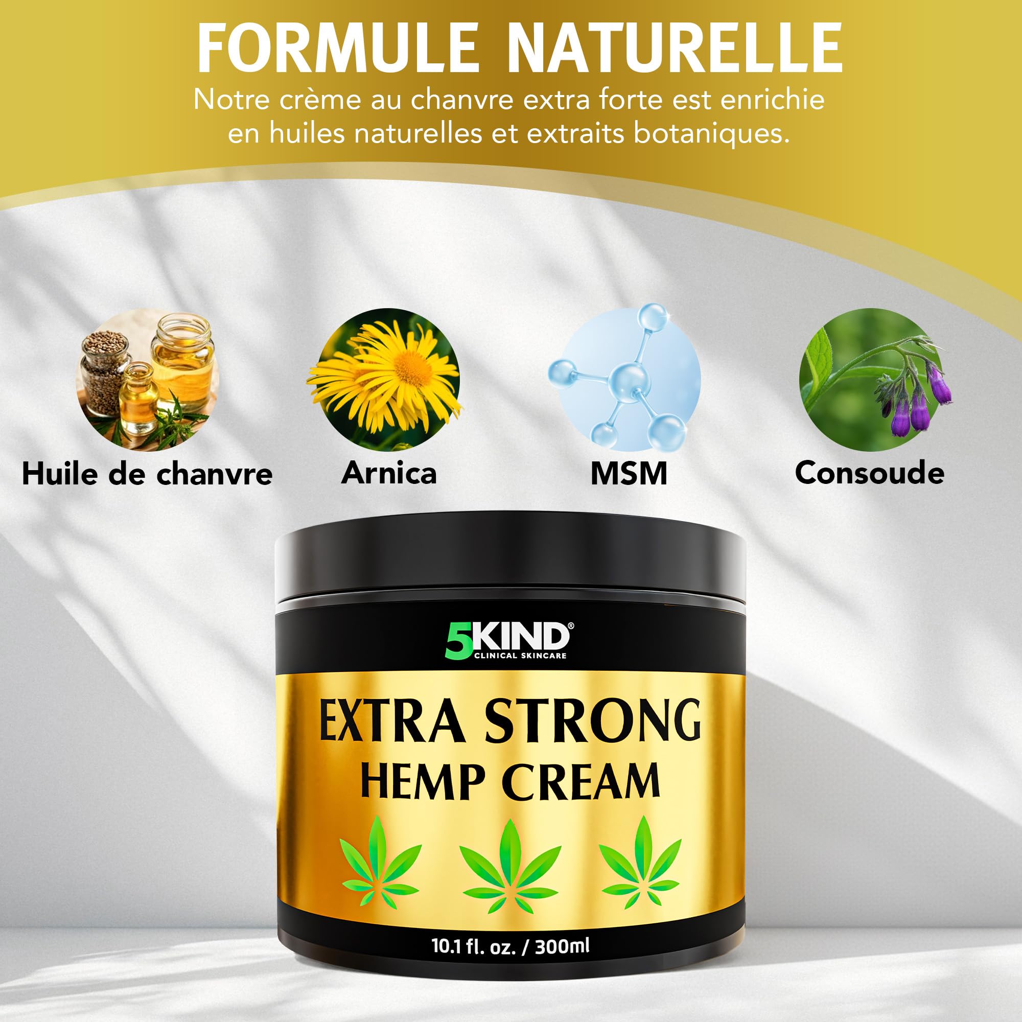 5kind Crème au chanvre ultra puissante 300ml - Huile de chanvre et arnica ultra puissantes - Pour les muscles, pieds, genoux, cou, épaules - Gel de massage riche en extraits naturels