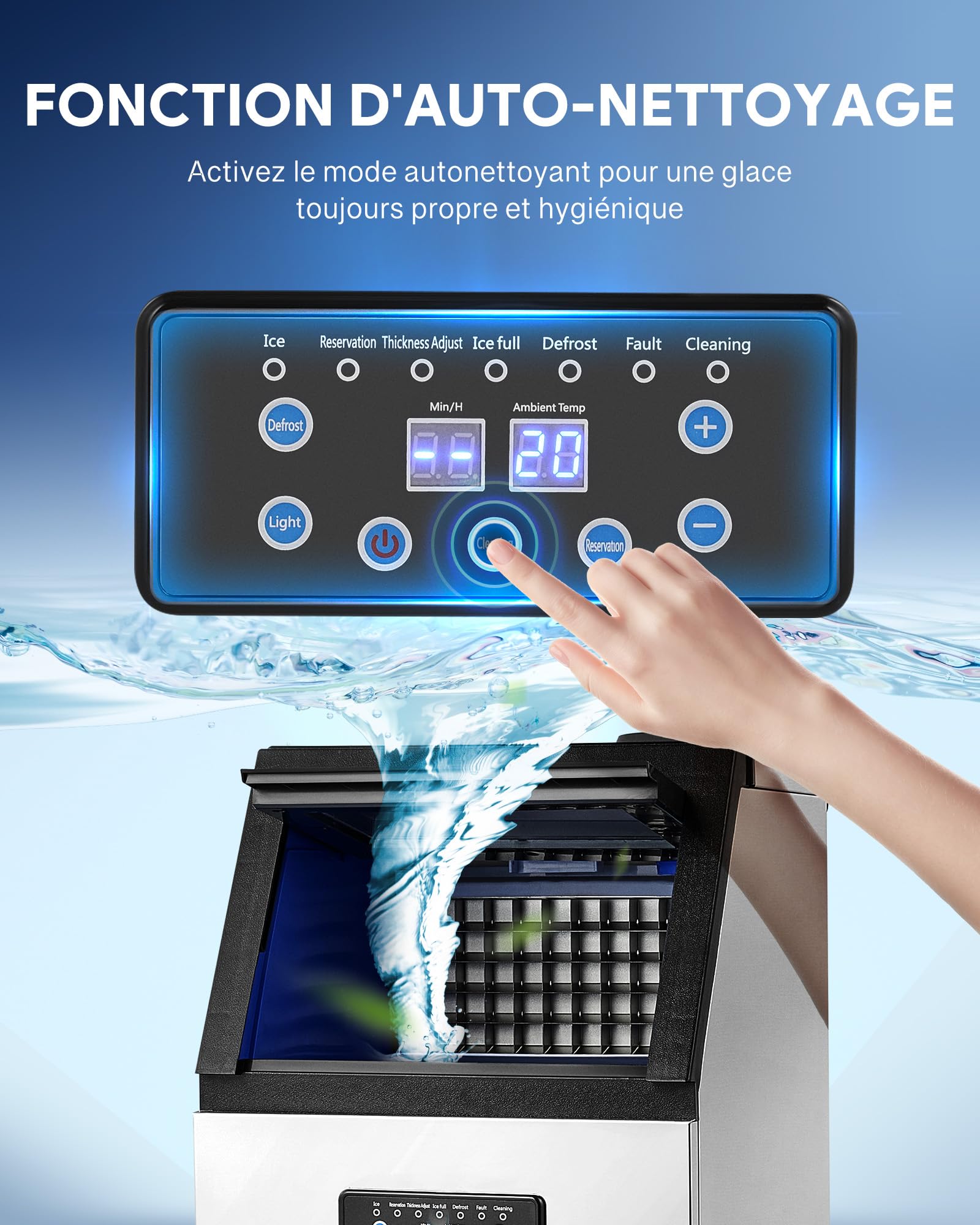 CREWORKS Machine à Glaçons Commerciale 480W 73kg/24h Ice Maker Professionnel 45 Pièces Écran LCD Storage de 10kg pour Maison Bureau Restaurant Bar Café