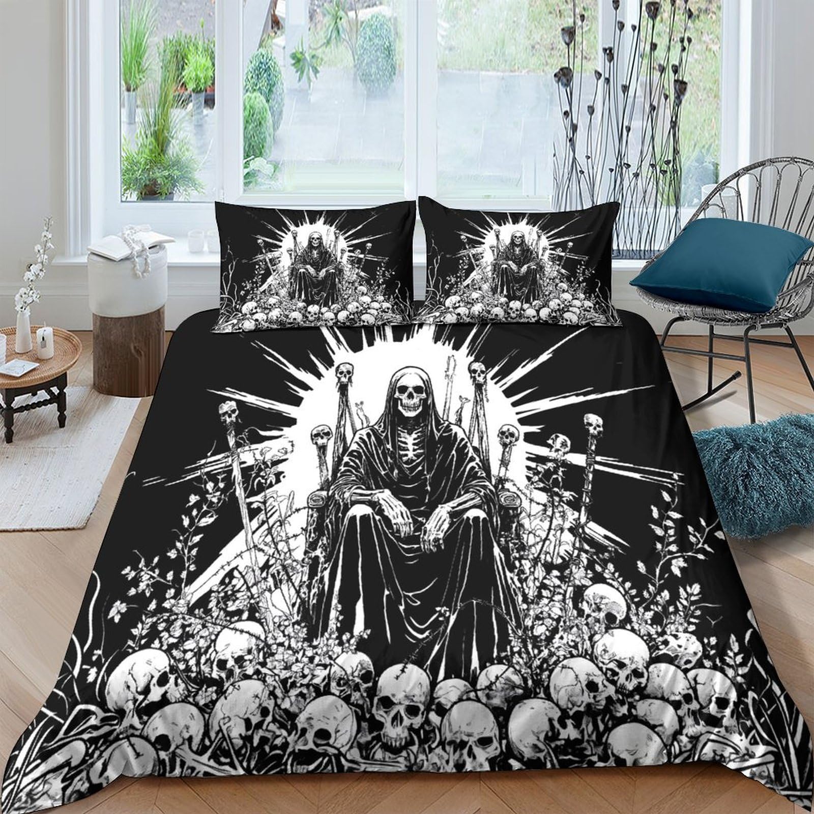 Ctjqhvkz Style-6 3D Printed Gothic Skull Throne Fitted Sheet Microfiber Black Dark Reaper Bed Cover Bedroom Decor Mattress Protection Single（135X200cm）