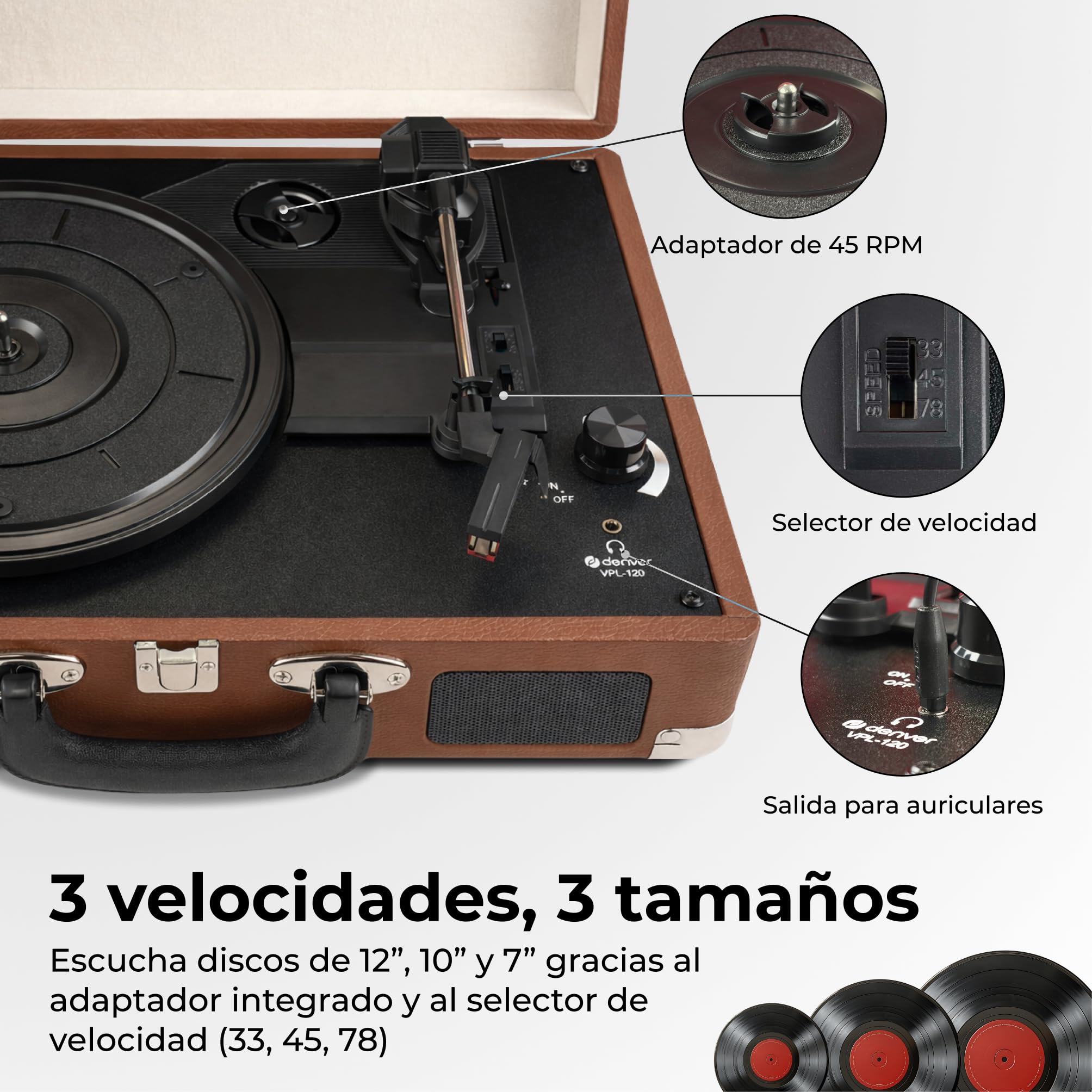 Denver VPL-120 Tocadiscos maletín Retro marrón, 3 velocidades 33/45/78 RPM, Altavoces Integrados, grabación USB a PC, Salida Phono | Función de digitalización MP3 USB, altavoz