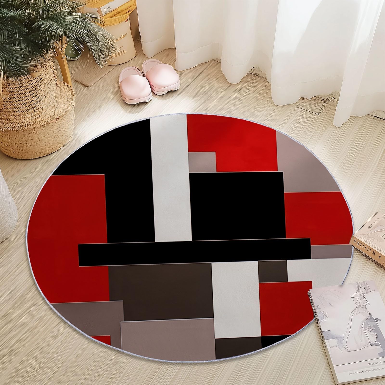 Tapis Rond Motif géométrique Minimaliste Rouge et Noir Tapis de Chambre 120 cm (Round) Adulte Doux Machine pour Salon Antidérapant Imprimé pour Salle à Manger, Chambre d’Enfant Nurserie Rouge Noir