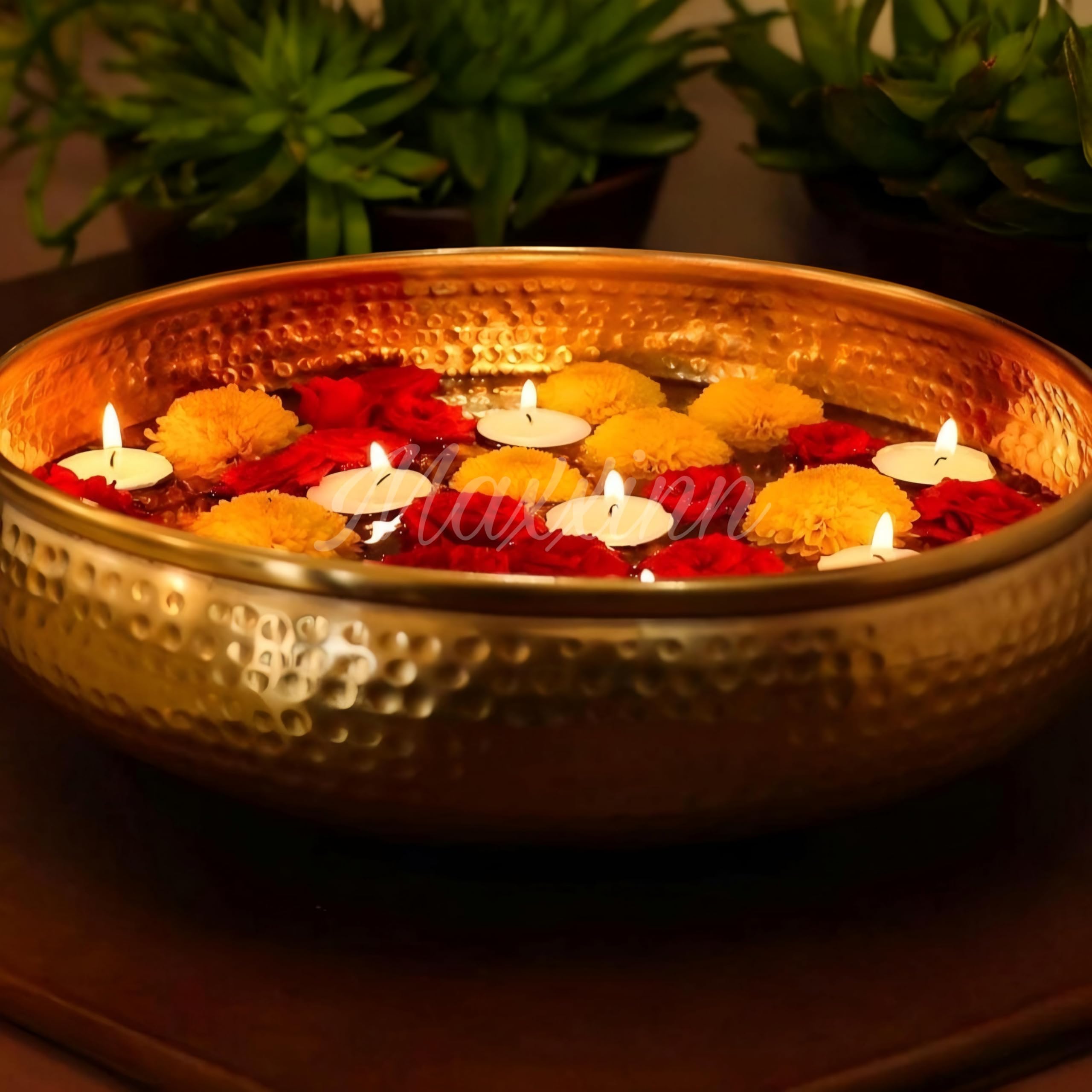 Next in Crafts Potpourri Bowl Flower Decorative Urli Bowl for Home Handcrafted Bowl for Floating Flowers and Tea Light Candles Home,Office and Table Decor| Diwali Decoration Items, Gold (4), 1L