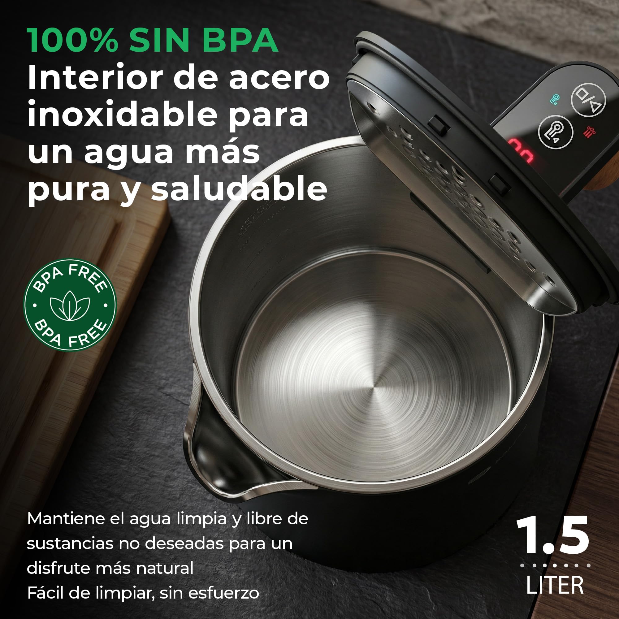 BALTER Hervidor Agua Electrico, regulador de temperatura, 45 °C a 100 °C, acero inoxidable, doble pared, sin BPA, 1,5 l, 2200 W, negro