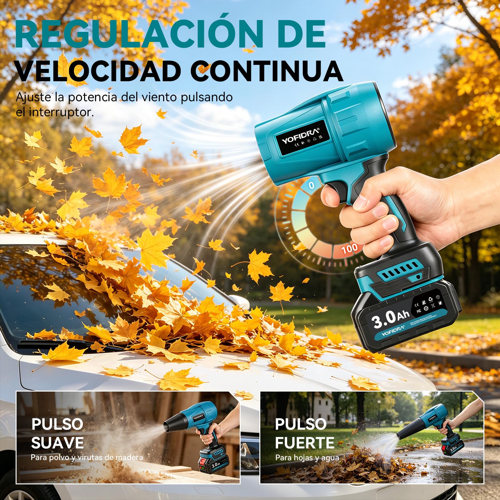 Yofidra Soplador de Hojas Batería, 33.000 RPM, Turbo Soplador de Aire Potente con 2 Baterías, 300m/s, 3 Velocidades, 4 Boquillas, para Limpiar Hojas, Nieve y Polvo