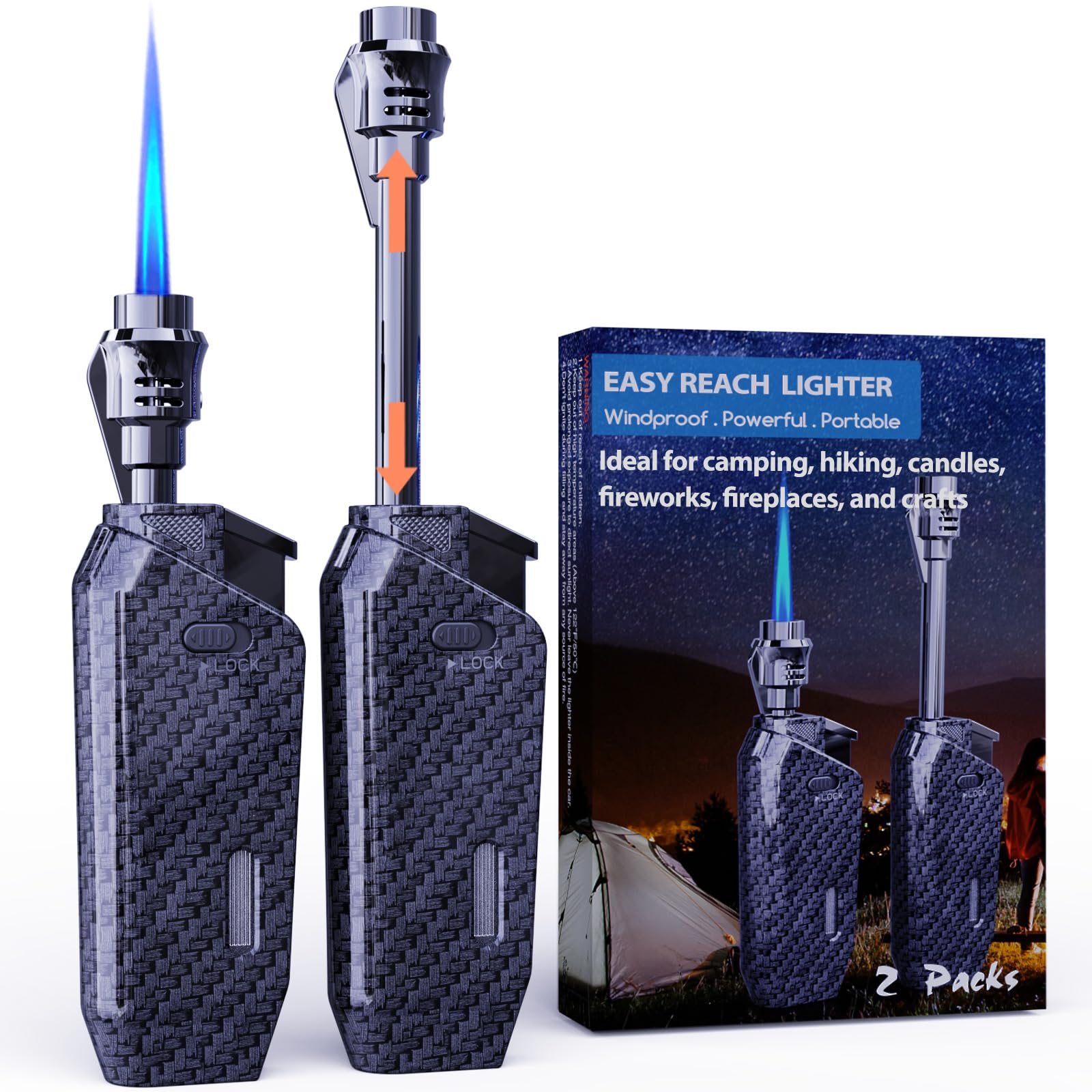 Long Torch Lighter with Extended Tip Jet Flame Windproof Lighter Butane Refillable 2 Pack Adjustable Butane Lighters for