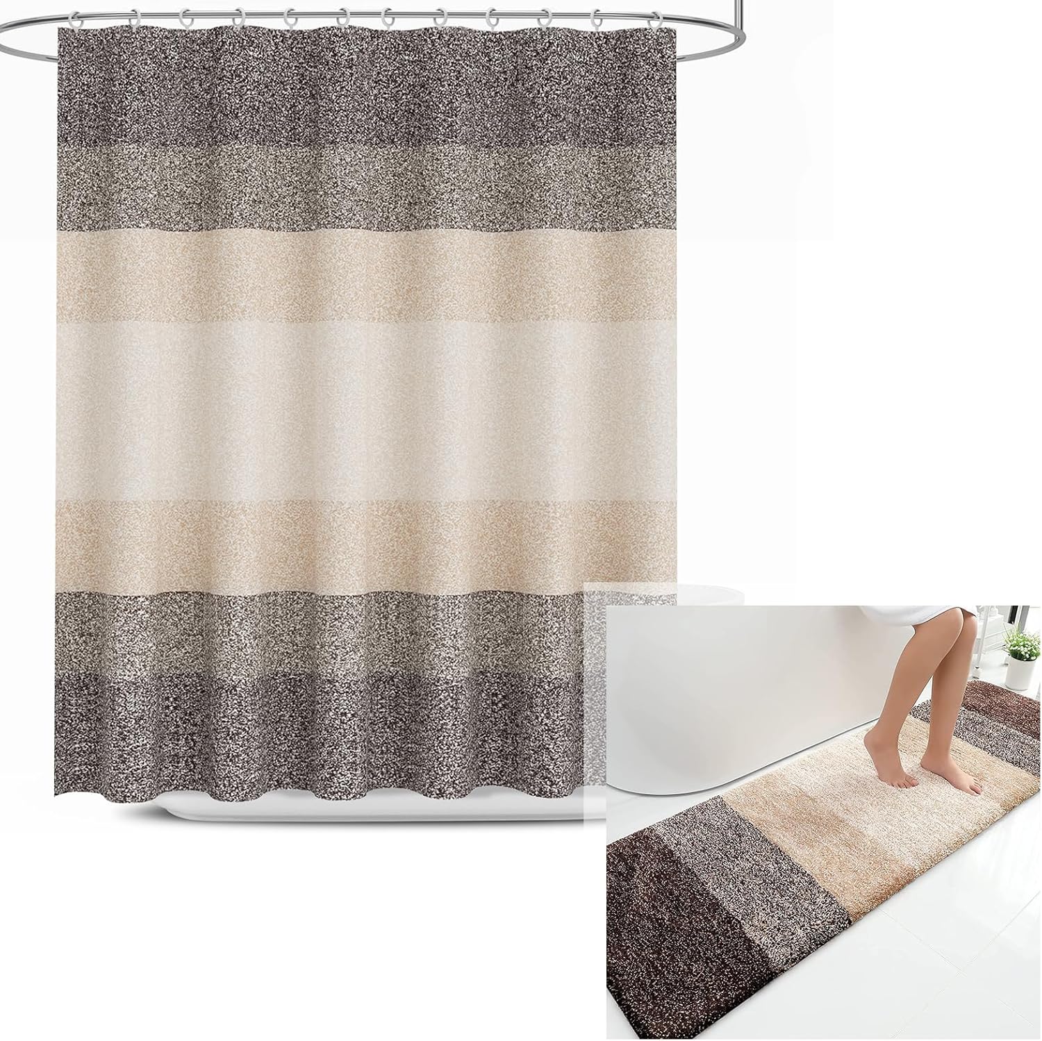 OLANLY Ombre Bath Rug and Shower Curtain, Waffle Fabric