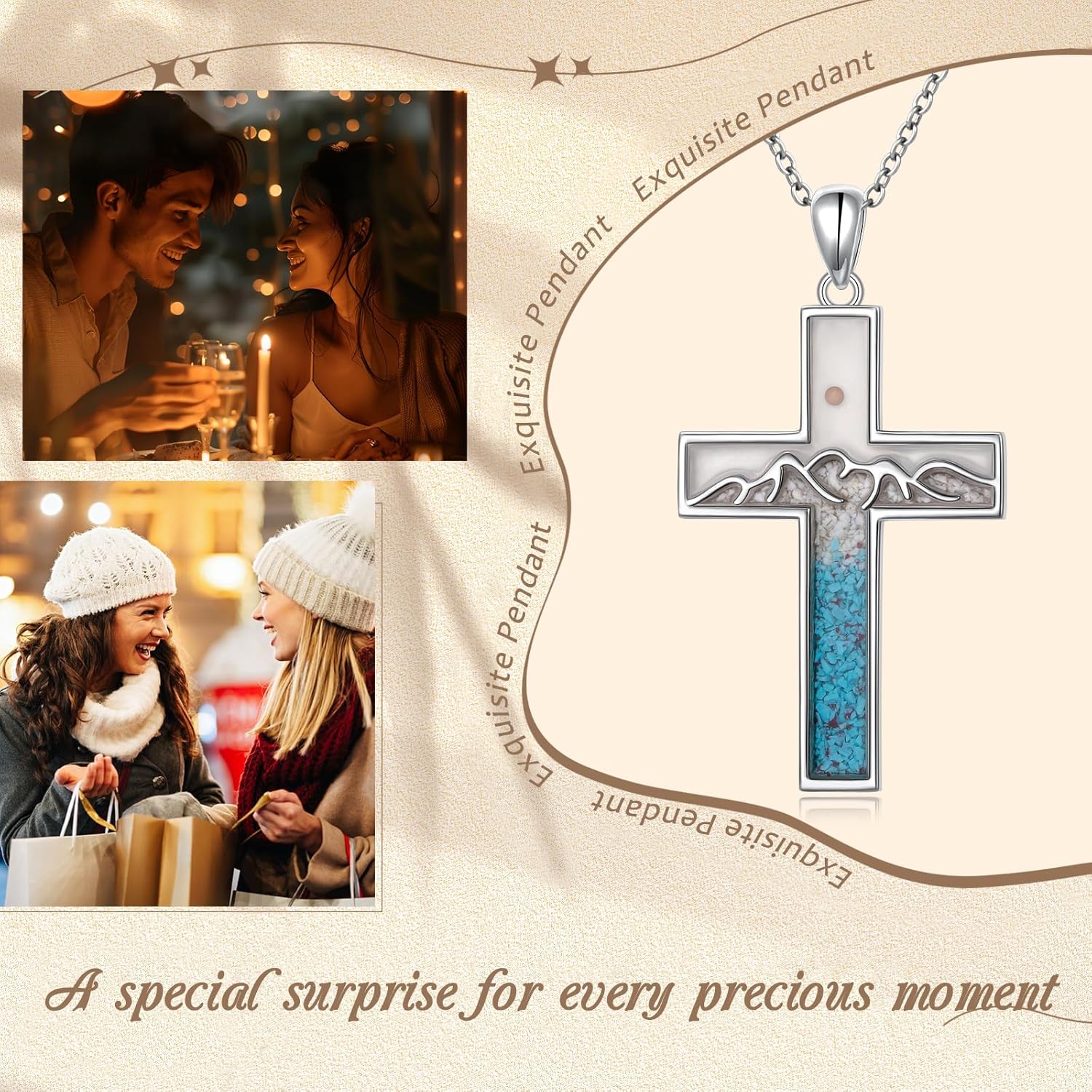 Ladytree Mustard Seed Cross Necklace for Women Sterling Silver Faith Moves Mountains Pendant with Created Turquoise Religious Inspirational Christian Jewelry Gift