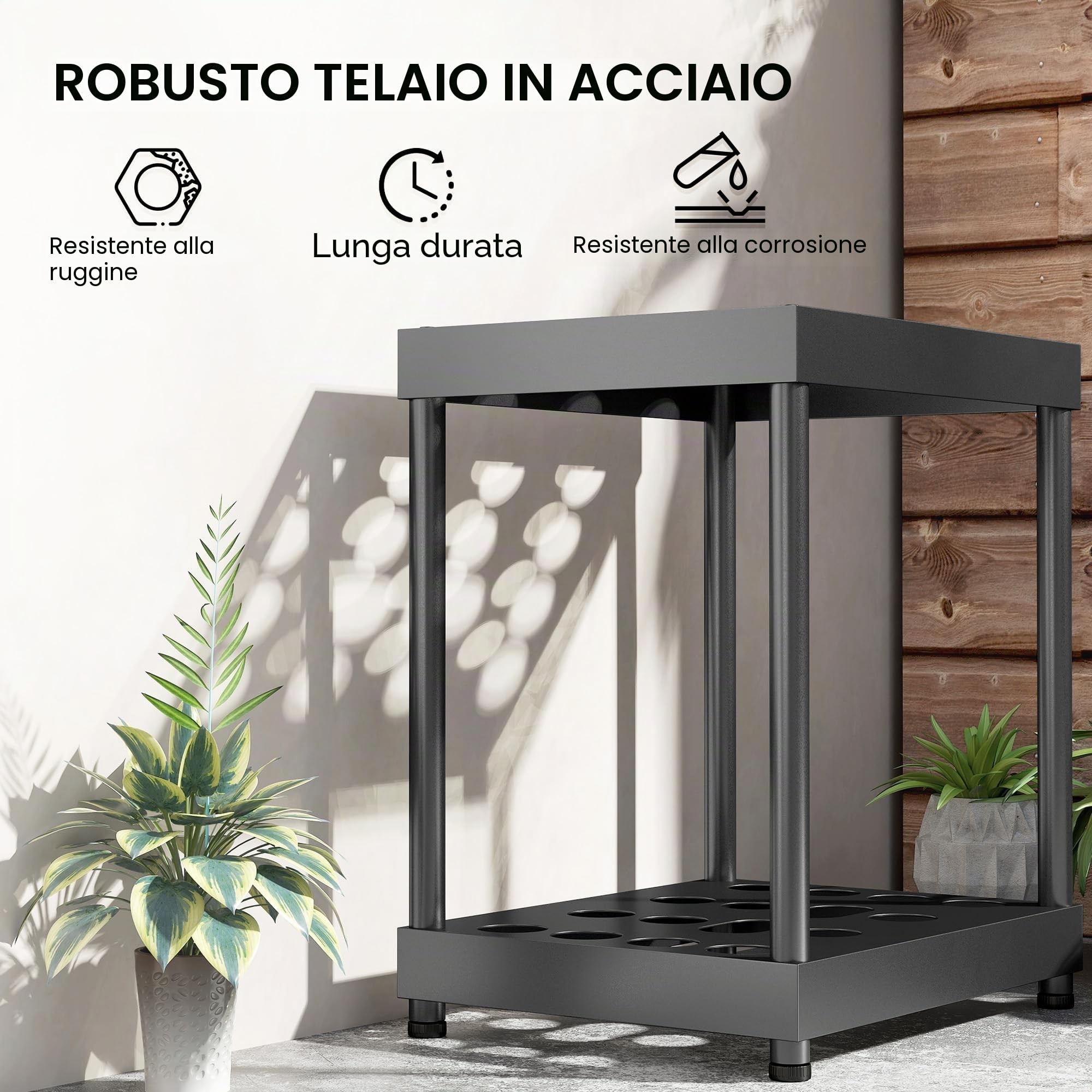 Outsunny Organizzatore per Attrezzi da Giardino, Porta Attrezzi da Giardino a 16 Scomparti a 2 Livelli con Cuscinetti Regolabili per Forbici da potatura, Pale, rastrelli, per capannone, Garage, Nero