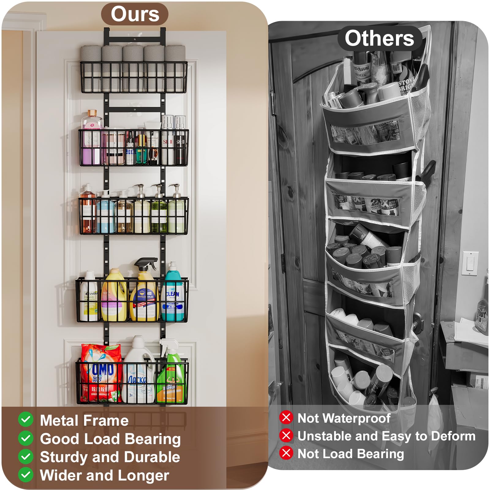 Hongtamoya Adjustable Over The Door Organizer, Metal Hanging Door Organizer with 5 Wire Basket 7 Hooks, Wall Mounted Shelf for Pantry Laundry Organization and Storage, Black
