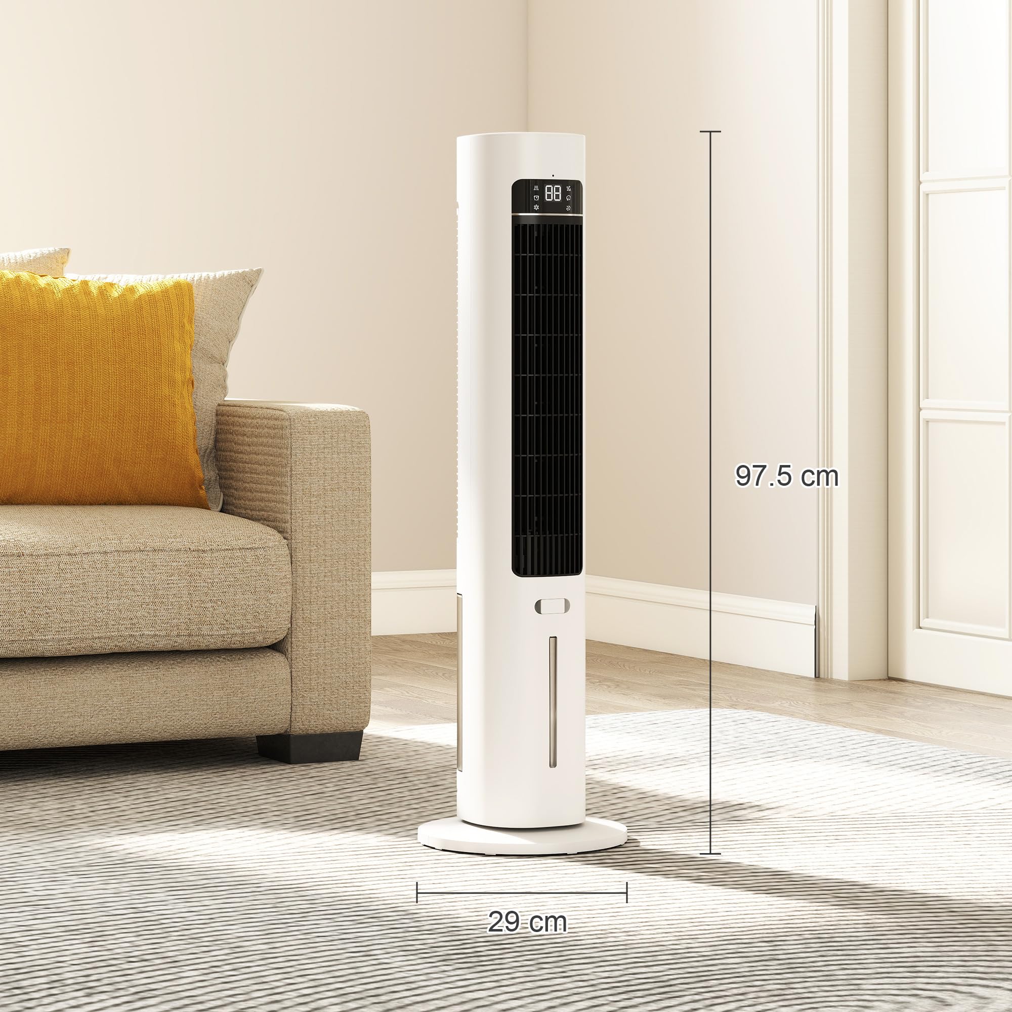 HOMCOM Condizionatore Portatile 3-in-1 con Serbatoio 3 Litri, Oscillazione 48°, 3 Velocità, 3 Modalità, Raffrescatore d'Aria a Torre, 2 Blocchi Refrigeranti, Telecomando, Casa Ufficio, Bianco