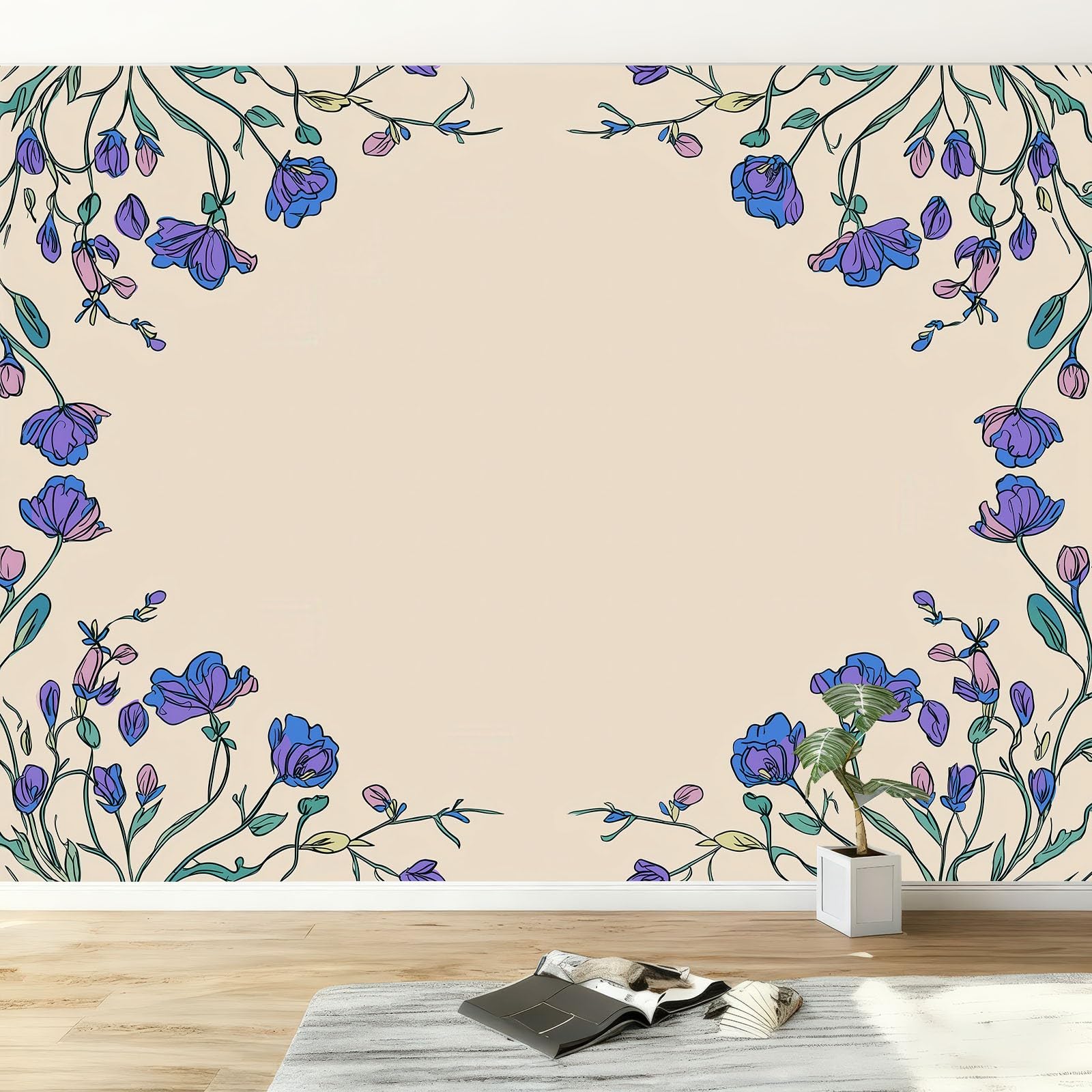 Papel pintado efecto 3D planta campanilla ranken fotomural salón 250 x 175 cm papel pintado no tejido papel pintado marco geométrico pared decoración pared pared decoración salón dormitorio oficina