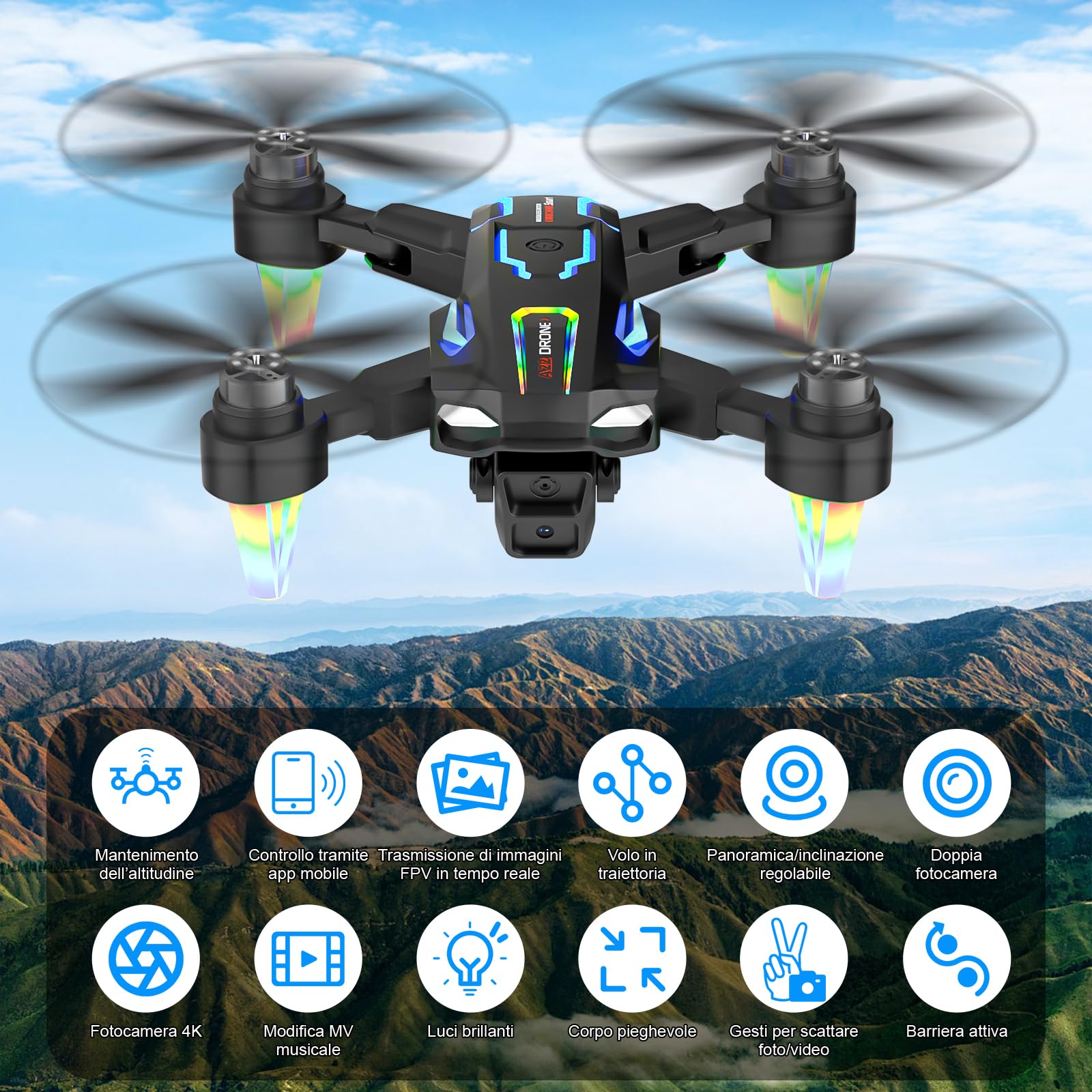 Drone Pieghevole con Telecamera 4K, GuKKK Brushless Motore Droni con 2 Telecamere, Quadcopter RC FPV WiFi Fotocamera Evitamento Attivo Degli Ostacoli, Altitude Hold, 2 Batterie, per Principianti