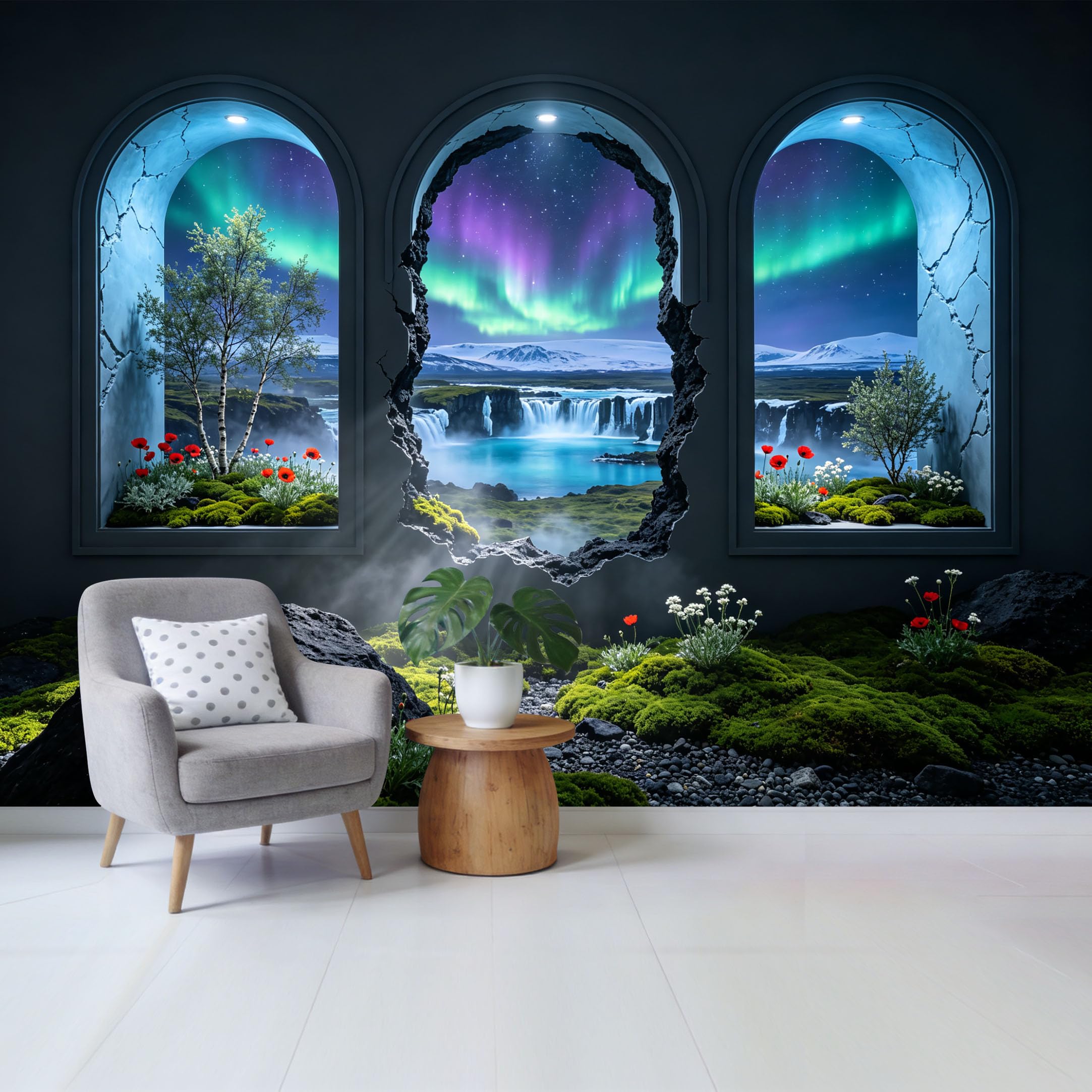 Custom Size Wall Mural Northern Lights Waterfall Landscape Botanical 3D Trompe l’oeil Removable Self Adhesive Fabric Home Wall Decor for Living Room Bedroom Bathroom
