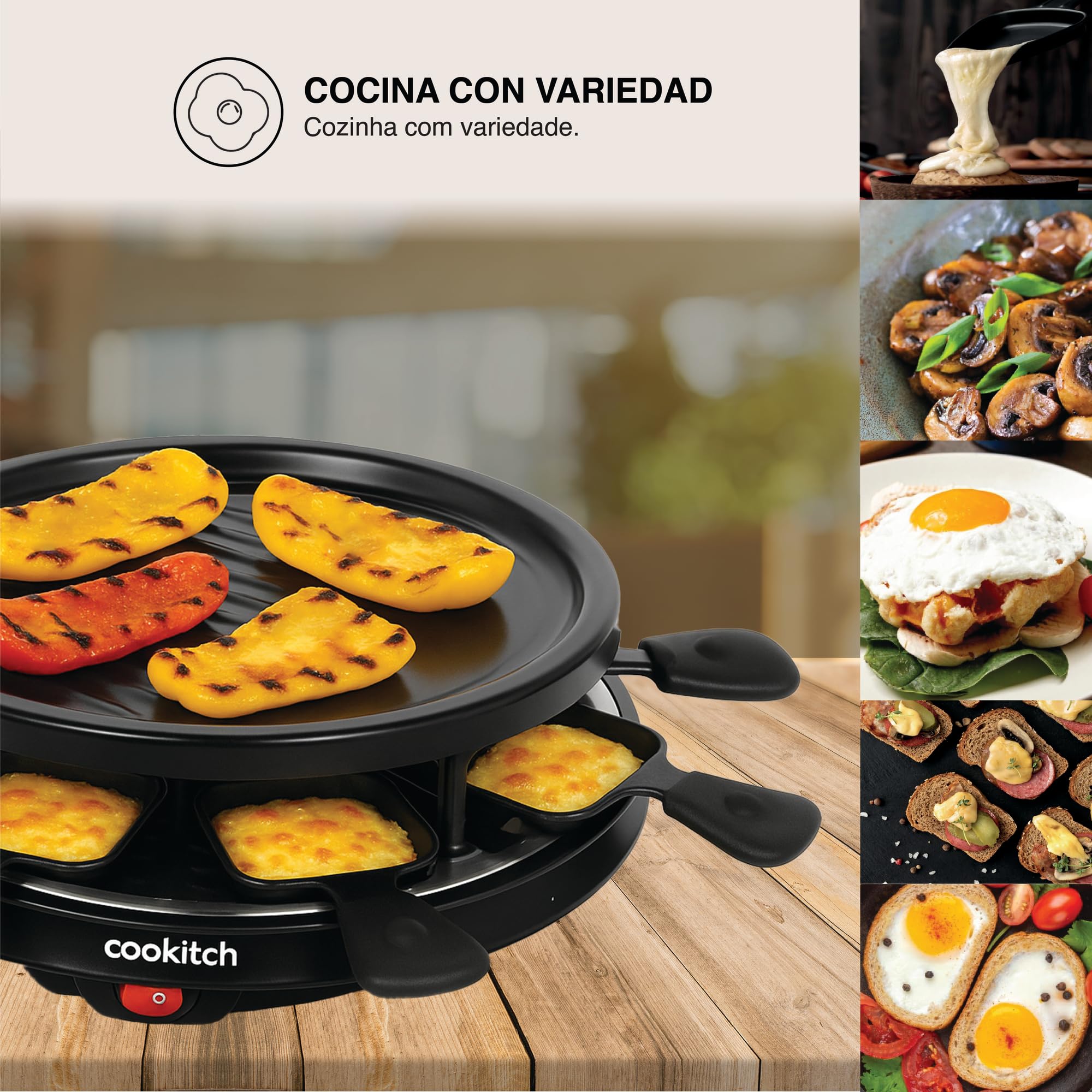 Raclette 8 Personas - Plancha Redonda Grill Antiadherente y 8 Sartenes, Parrilla eléctrica para asar Carne, Verduras y fundir Queso