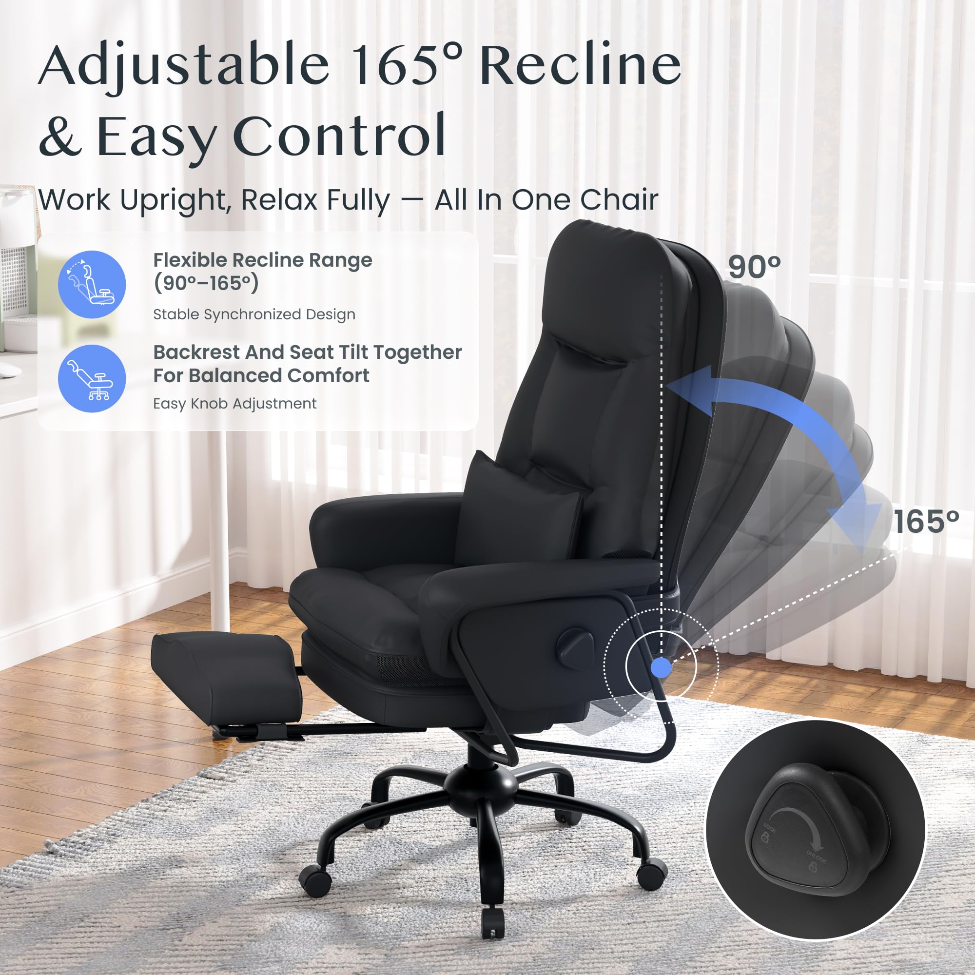 FLEXISPOT Luno Chefsessel Ergonomischer Bürostuhl mit Fußstütze | 160° Liegefunktion, Katzenkratzfestes Kunstleder Ideal zum Arbeiten, Entspannen & Mittagsschlaf Beige