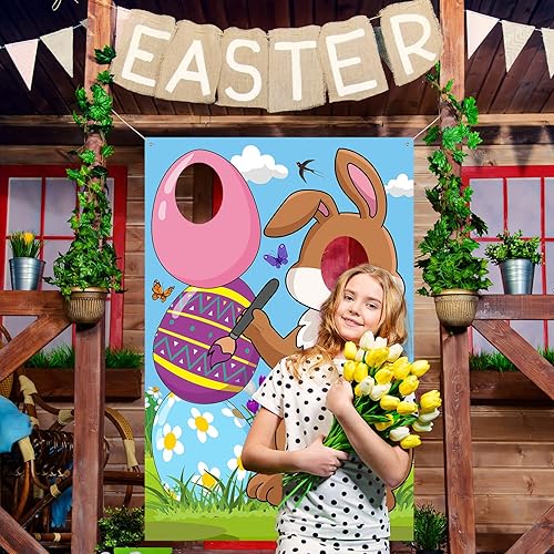 Miniatura 6 de Irenare Cartel de puerta de fotos de conejo de Pascua, tela grande, accesorios de fotos de feliz Pascua, fondo de cara de conejo de huevo, 59 x 39.4