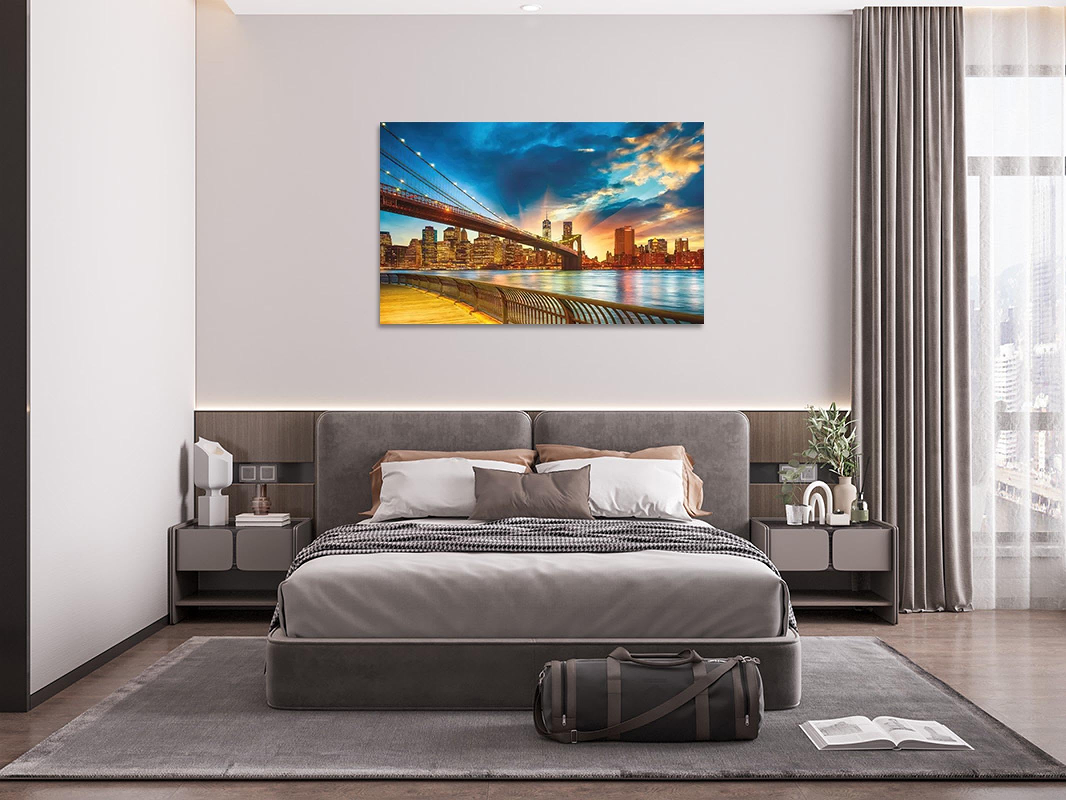 Stadtlandschaft Leinwandbild mit Rahmen Fertig zum Aufhängen-Landschaftsbilder auf Leinwand-Panorama Wandbilder Wohnzimmer-Brücken Gebäude Sunset 60x95cm Umwickelte Leinwand