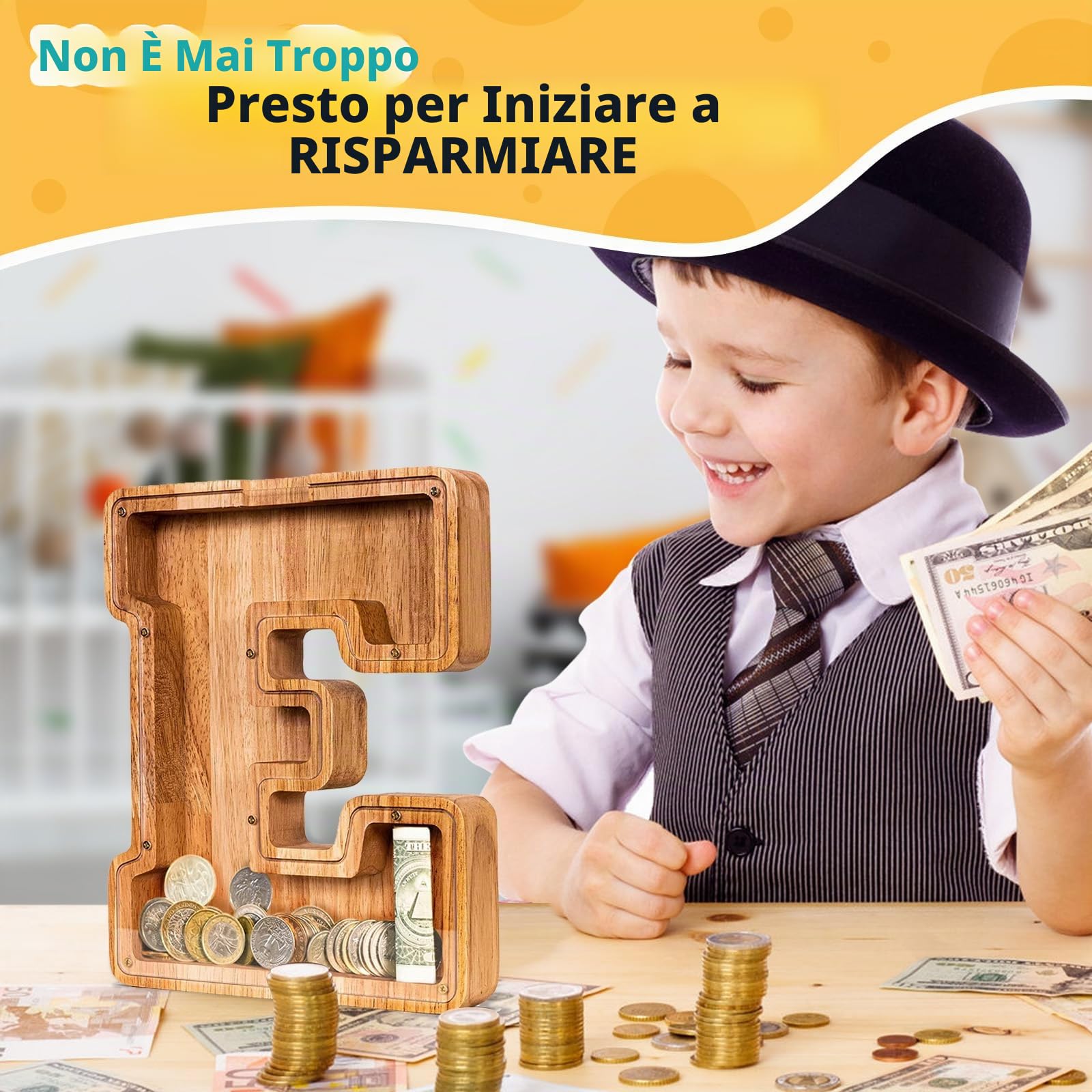 Summidate Salvadanaio Legno Bambini, Porcellino Salvadanaio Trasparente Lettera A-Z, Regalo Educativo Compleanno e Battesimo Personalizzabile con Adesivi per Ragazzi e Ragazze