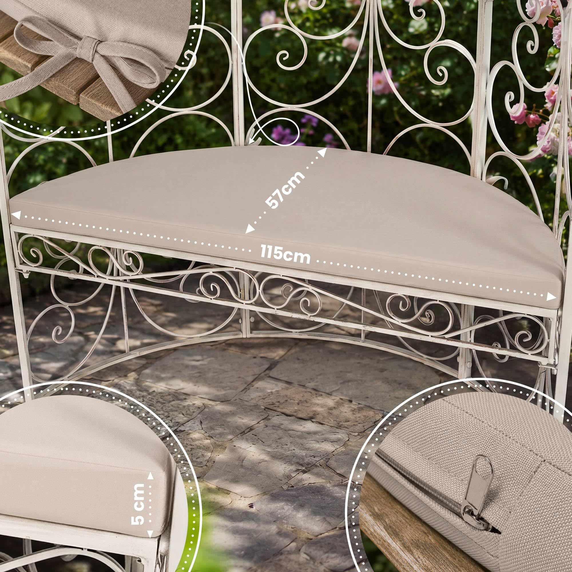 CLP Coussin de Banc Demi-Lune pour pavillon Rosie, Rembourrage 5 cm, Housse Amovible & Attaches, 115x57 cm Couleur crème