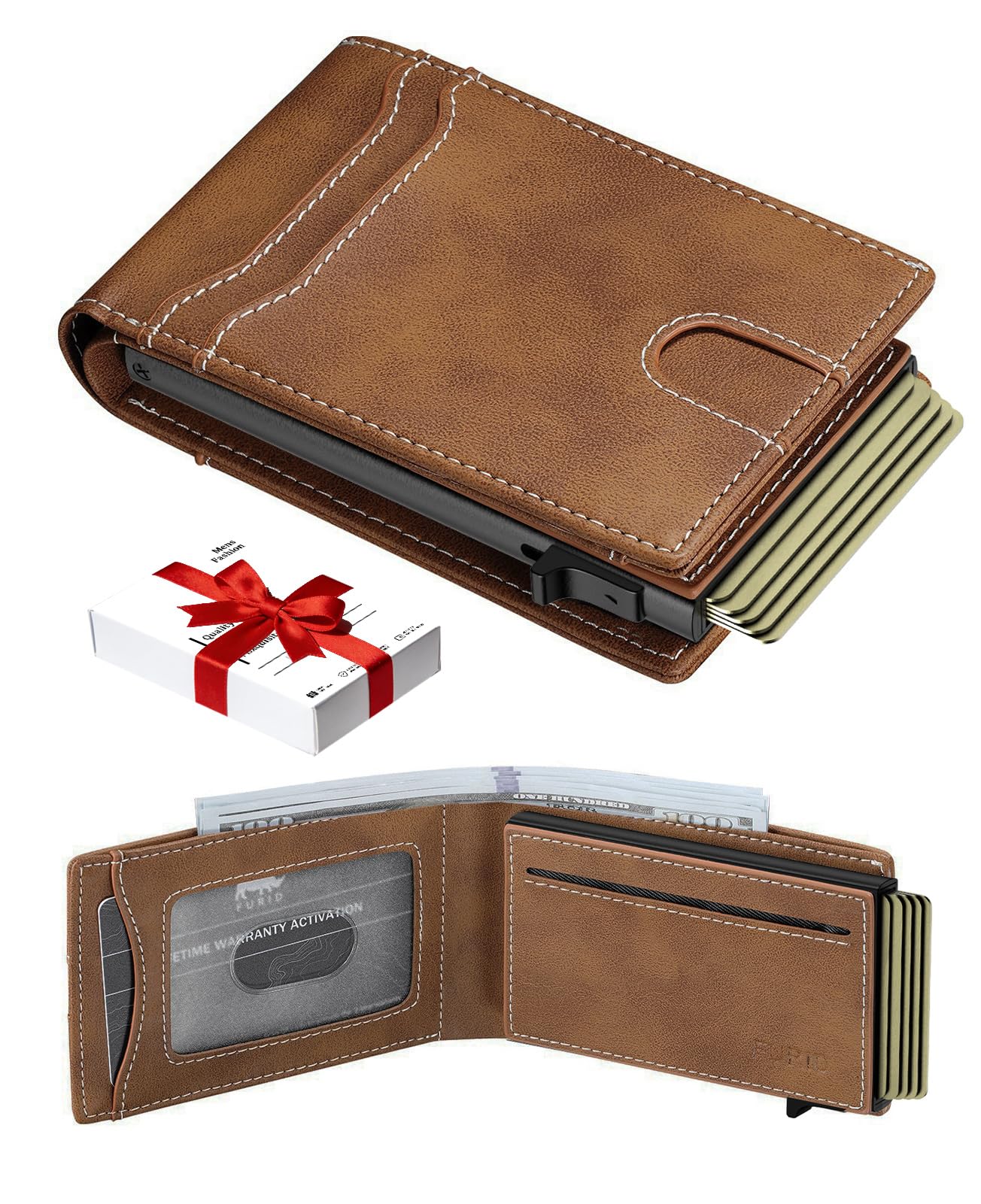 furid Card Wallet For Men Slim: Smart Rfid Minimalist Front Pocket Pop Up Wallet with ID Window - Stocking Stuffers Gifts Boxed for Husband Father at Birthday Anniversary, Brown Leather, minimalist