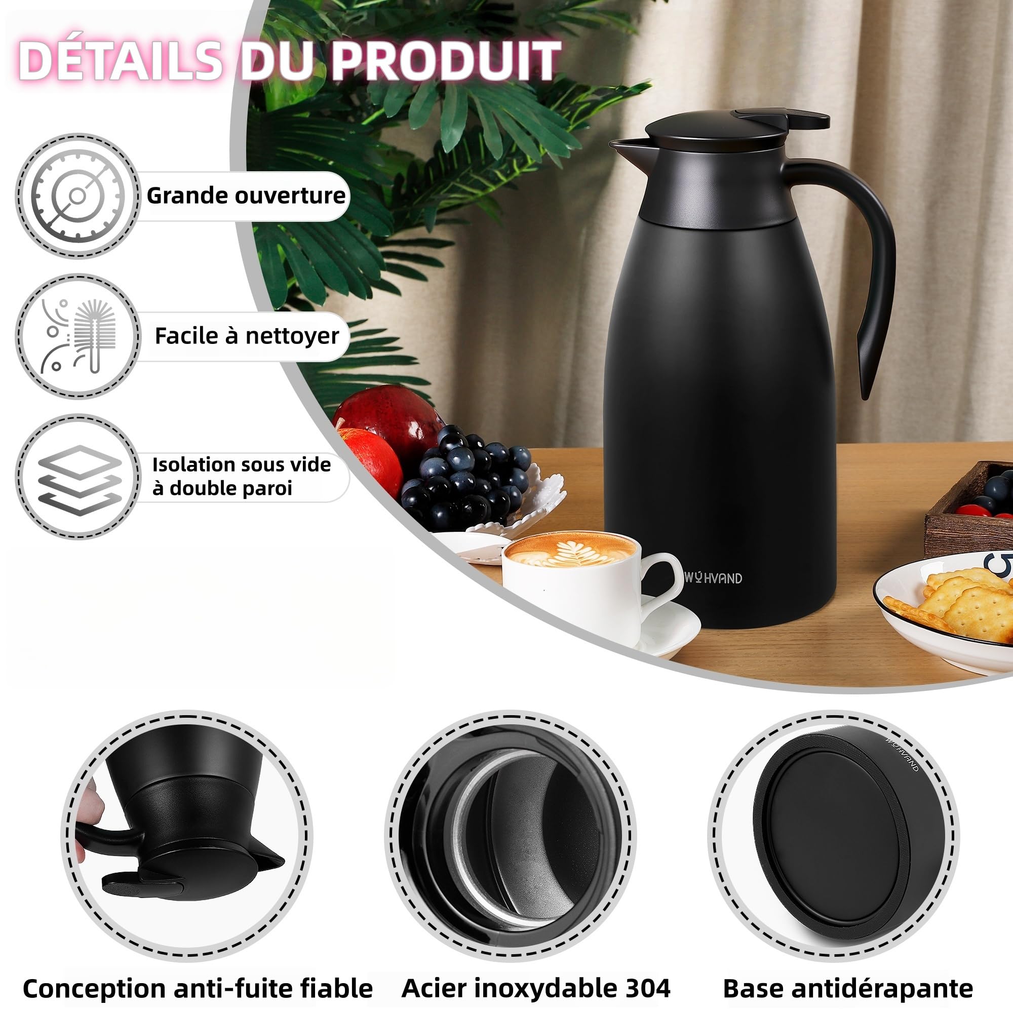 Carafe Isotherme 2L, Pichet à Café en Acier Inoxydable 304, Garde le Chaud et le Froid, Étanche, Versement à Une Main, Maison, Bureau et Hôtel, Noir