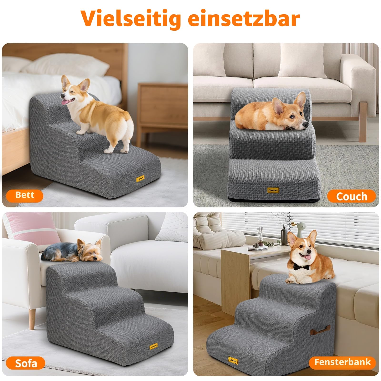Gimars Hundetreppe mit 30D Hochdichtem Schaum & Extra-Breiten Stabilen 3 Stufen 40 cm hoch, Abnehmbarem Waschbarer Bezug, Rutschfestem Boden, Tragbare Rampe für Kleine Hunde zu Sofa, Bett, Auto