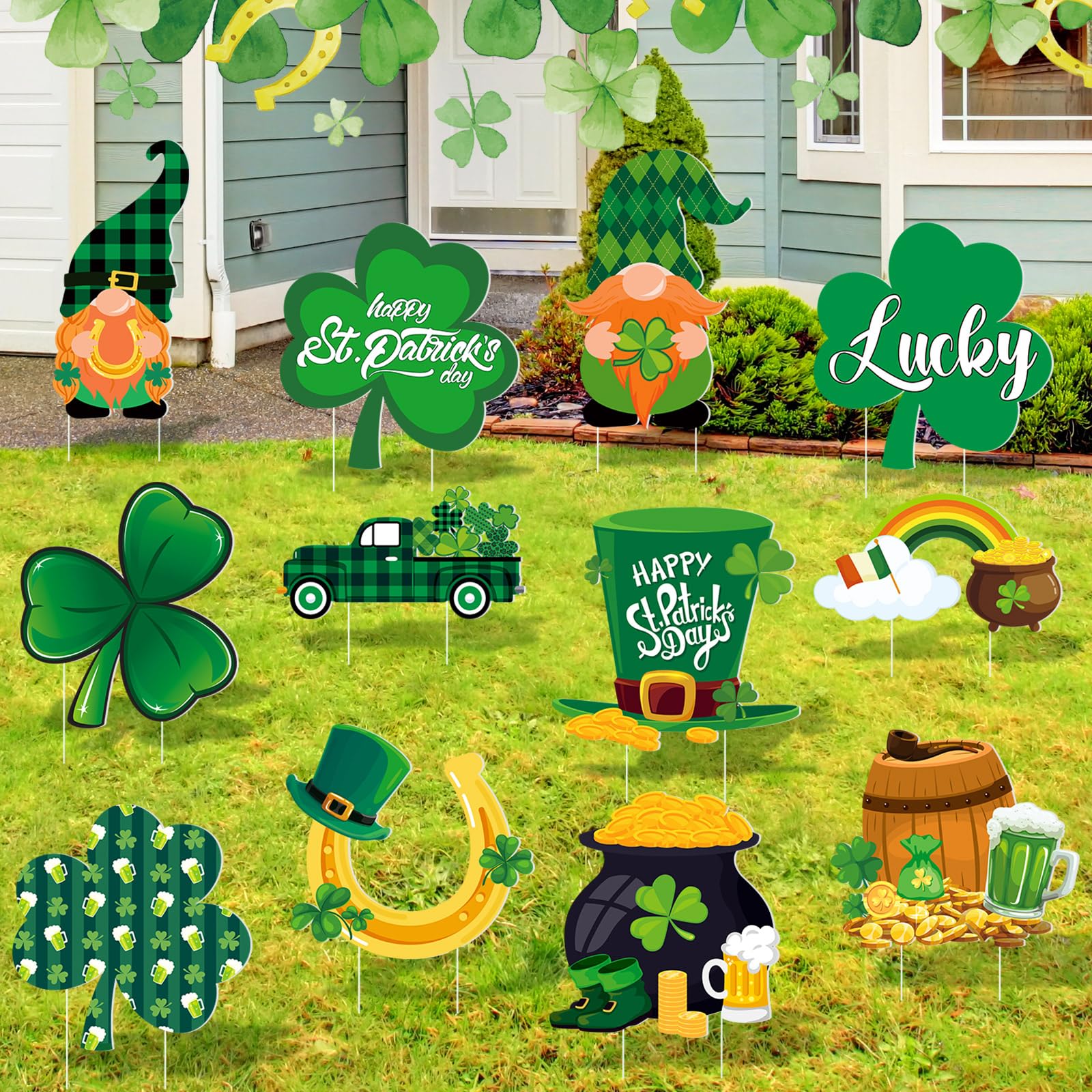 Amyhill 12 Pcs St. Patricks Day Outdoor Yard Decoration Shamrocks Horseshoe Garden Lawn Stake Signs with 24pcs Stakes, Waterproof Welcome Signage for St. Patricks Day Home Party Patio Lawn Walkway