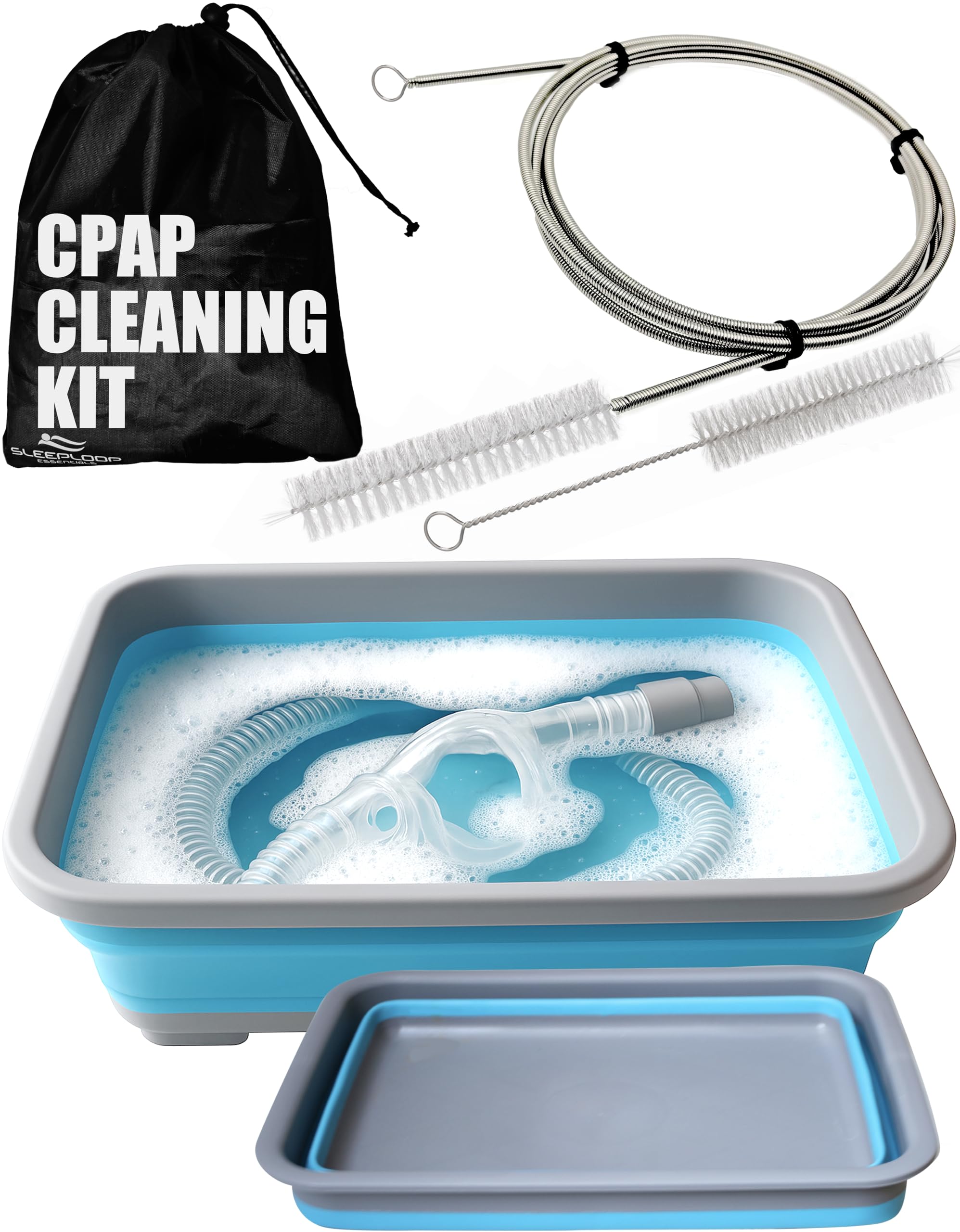 CPAP Cleaning Kit Hose and Mask for CPAP Hanger Dryer with 6.9 ft Thick Wire Brush, Collapsible Wash Basin, Compatible with 22mm and 15mm Hose, Extra Soft Bristles Cleaner CPAP Supplies
