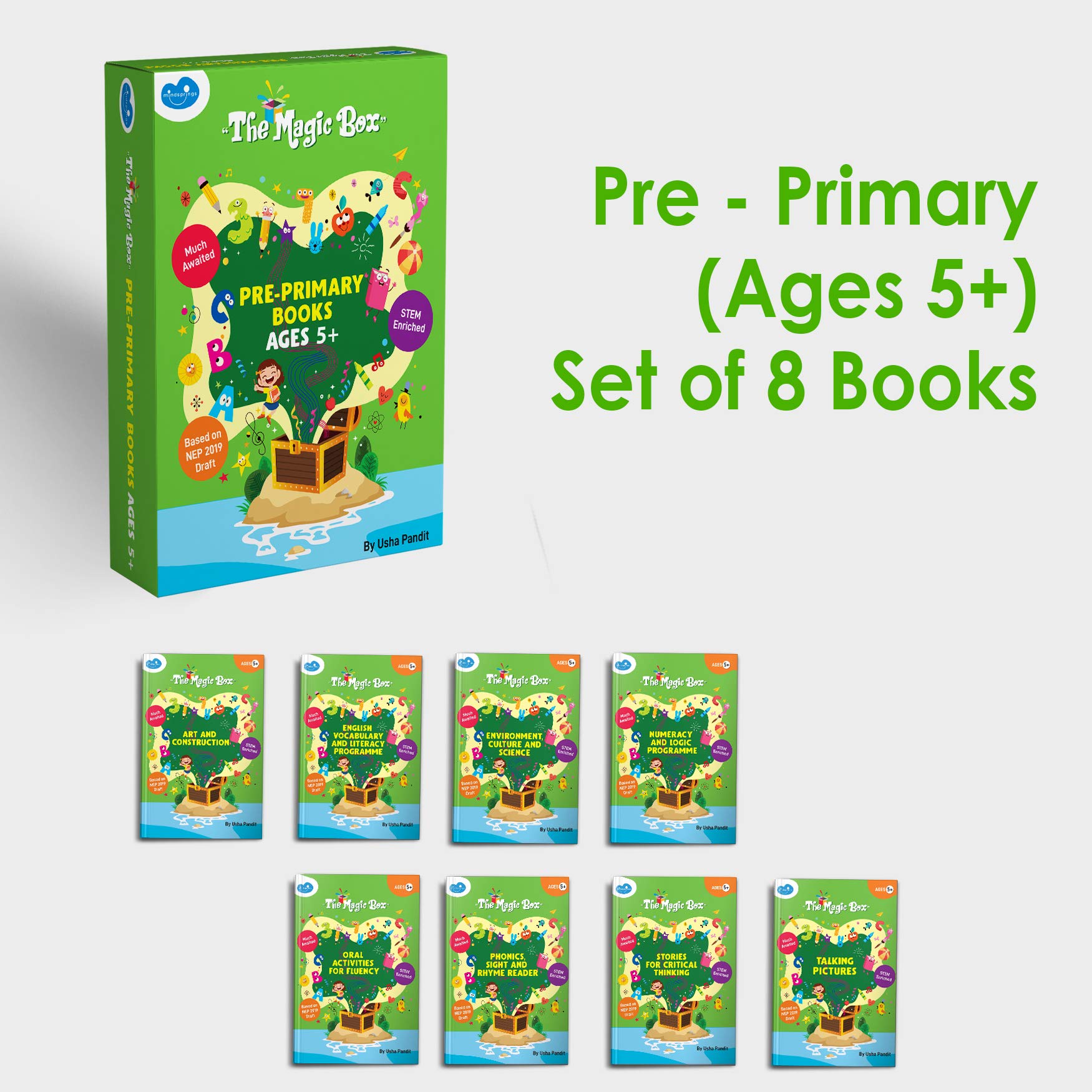 UKG Books for Kids (Ages 5+) - Set of 8 Books – STEM Enriched | Phonics, Vocabulary, Oral Activities, Numeracy, Critical Thinking Stories, Science, Art | Pre-Primary/Kindergarten For Ages 5+ | Mindsprings Paperback – 1 January 2020