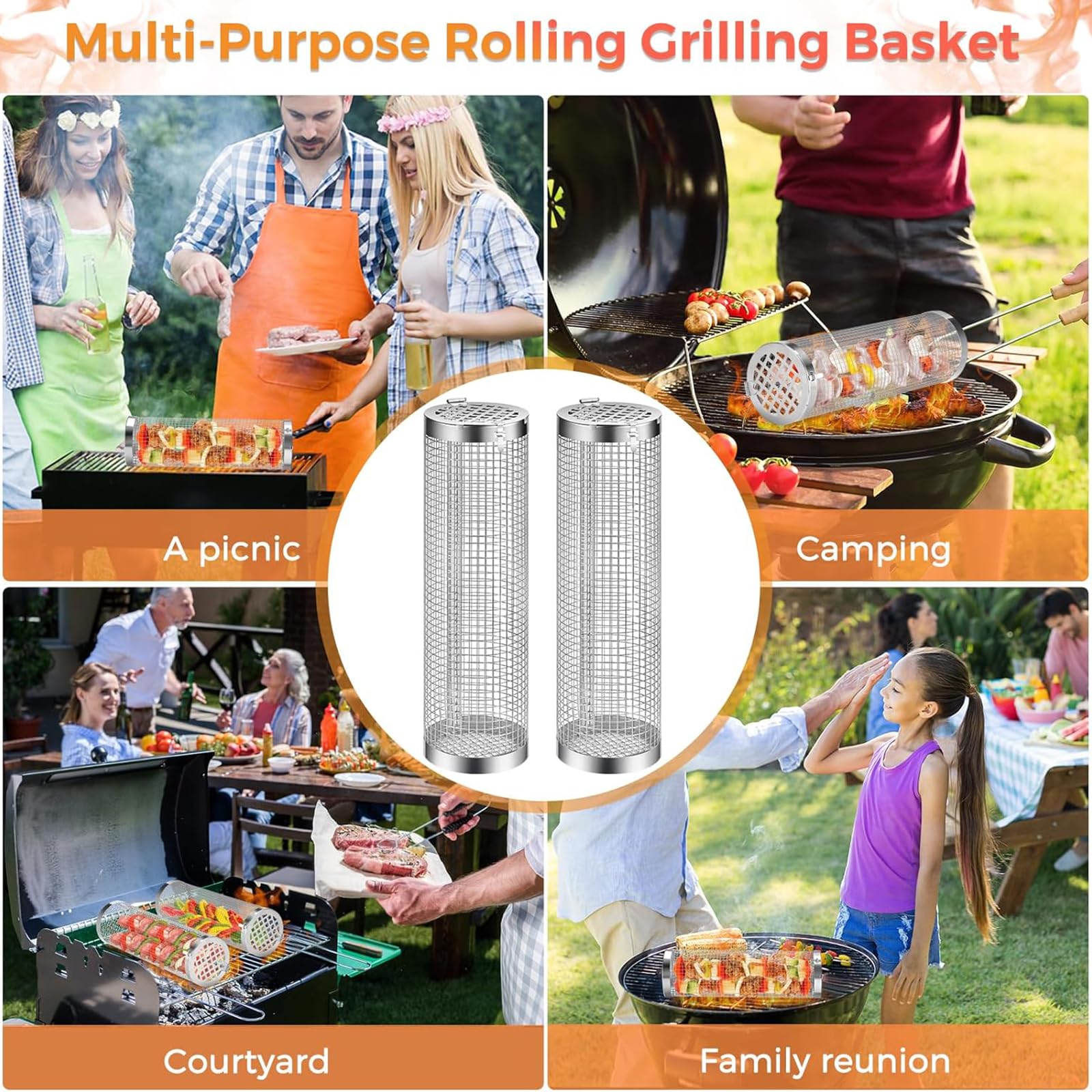 Grillkorb Gemüse 2 Stück Mit Langstielige Gabel - Zylindrischer Edelstahl Grill Basket - Gemüsekorb Mit Reinigungsbürste und Gabel - BBQ Außengrill für Gemüse, Fleisch