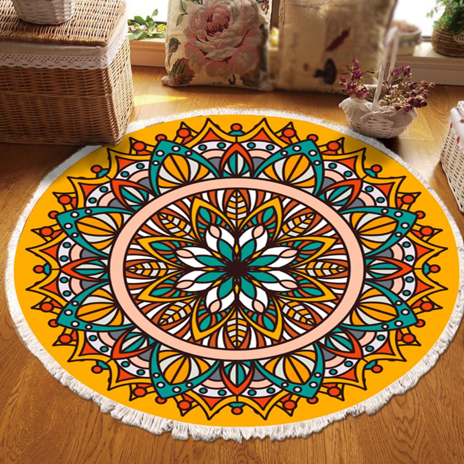 Zmywalny dywan okrągły szykowny maty podłogowe, okrągłe dywany, boho, bawełniany tkany dywan z frędzlami, do sypialni, kuchni, salonu, przedpokoju D, 120 cm