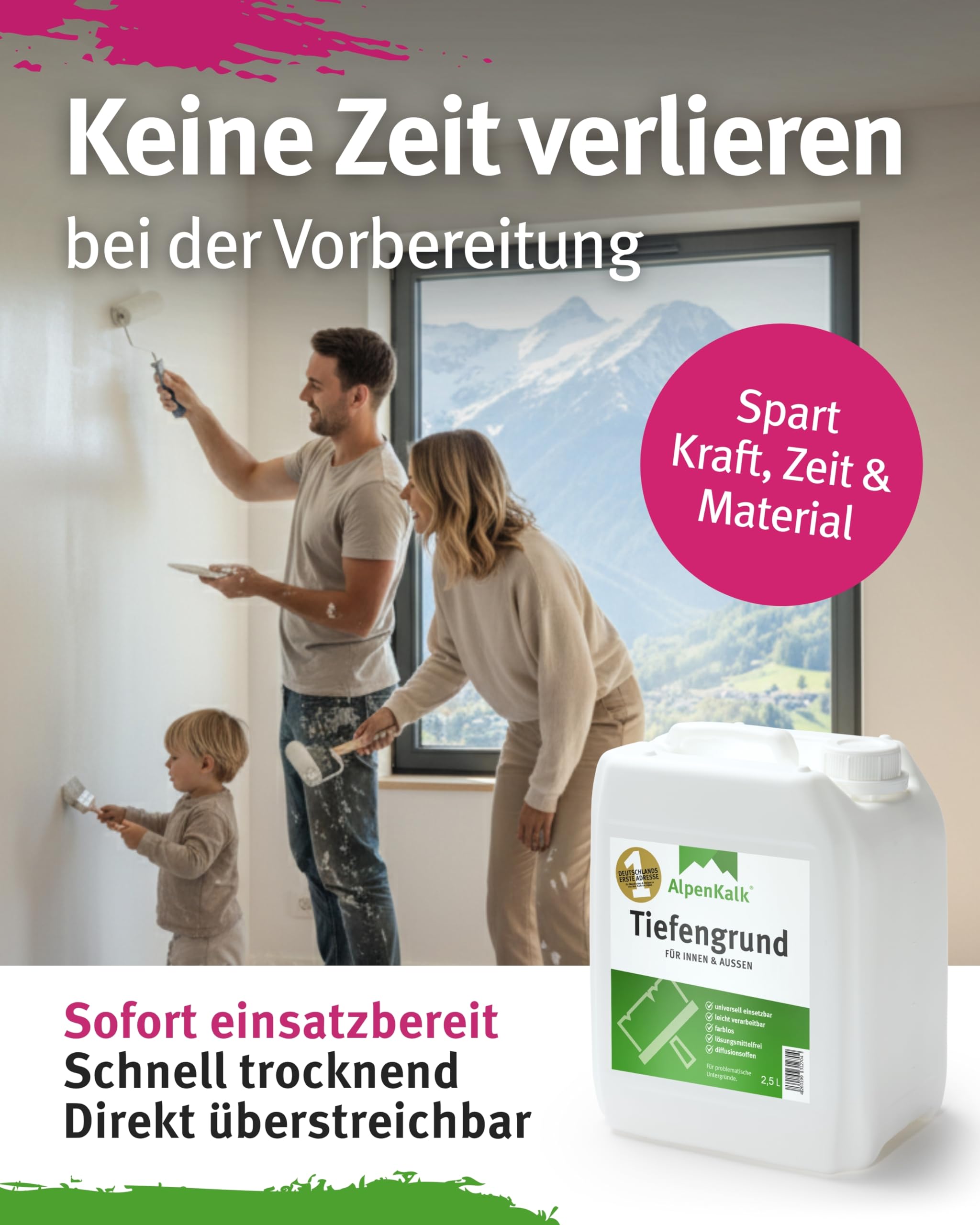 Starter-Set I Feiner Rollputz Innen 7 kg + Tiefengrund 2,5 l für ca. 20m² I 0,5 mm Körnung I Inkl. 18 & 10cm Spezialrollen, 21 x 25cm Abstreifgitter & Quirl I Atmungsaktiv & schimmelhemmend