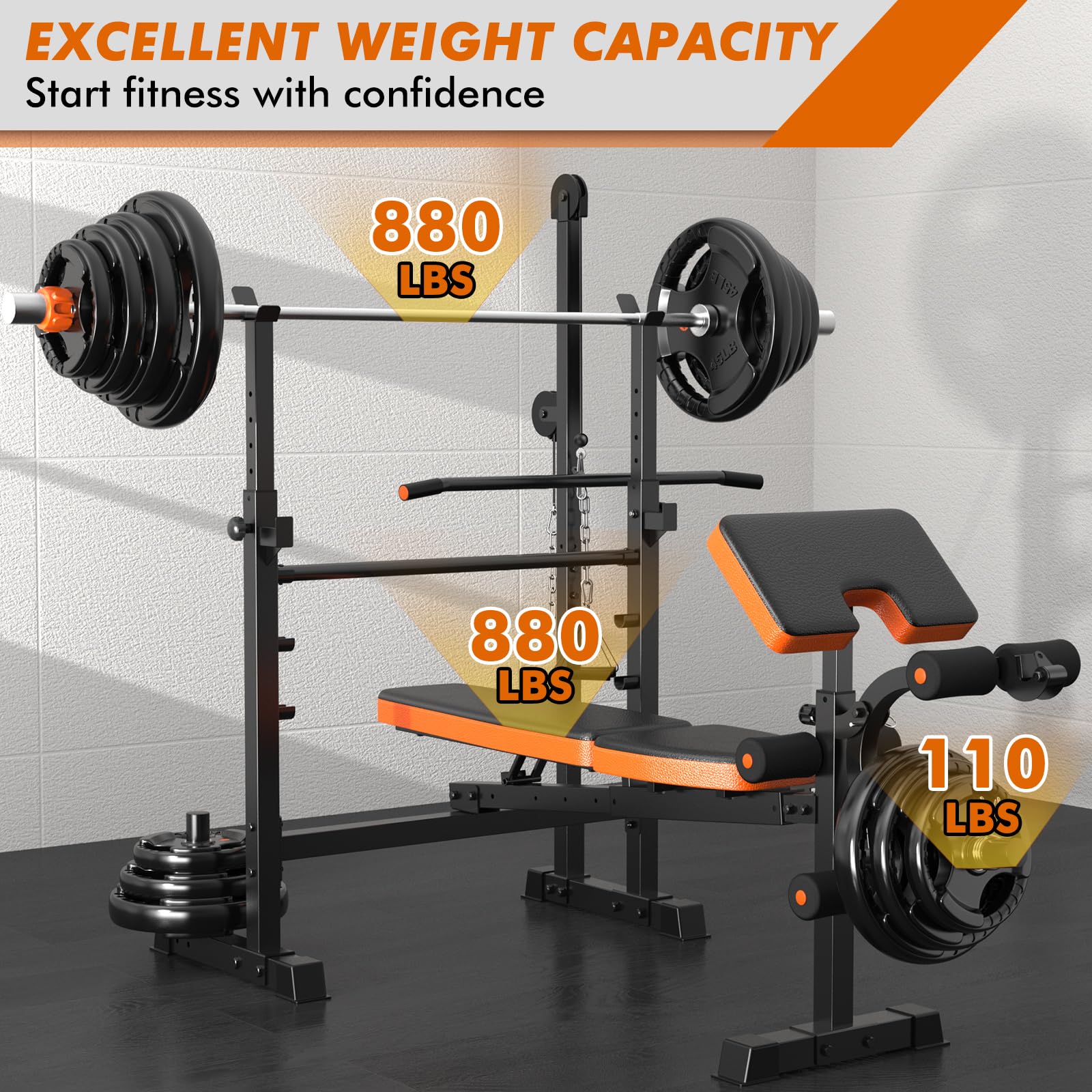 Bench Press Set, 880LBS Adjustable Weight Bench with Leg Extension and Preacher Curl Pad, 8 IN 1 Multi-Function Gym Bench with LAT Pulldown Pulley System, Full-Body Workout Home Gym Equipment
