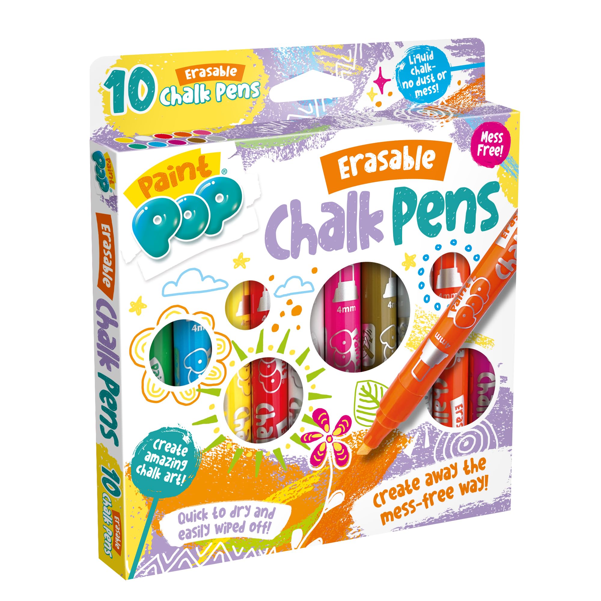 Paint Pop - Erasable Chalk Pens For Kids - 10 Assorted Smooth Liquid Colours - For Fun Outdoor Play & Creative Chalk Projects - Use on Non-Porous Surfaces, Dust & Mess Free, Quick Drying - 3+ Years