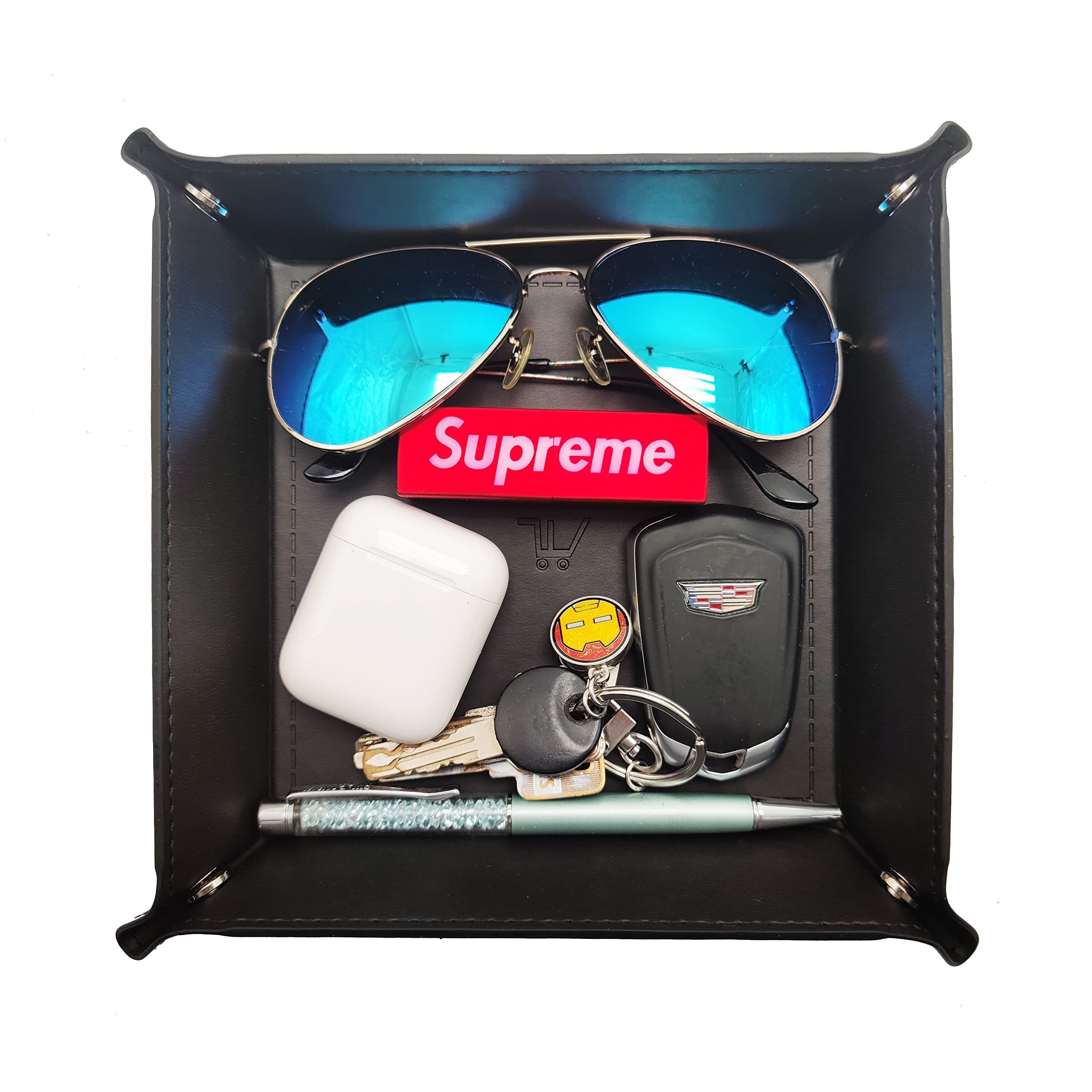 WOBACWVOWOBACWVO Valet Tray Organizer Storage for Wallets Watches Phone Keys holder Dish Bowl Coins Office Desk Accessory Entryway Catchcall Tray Nightstand Organizer PU leather Handmade (Black)