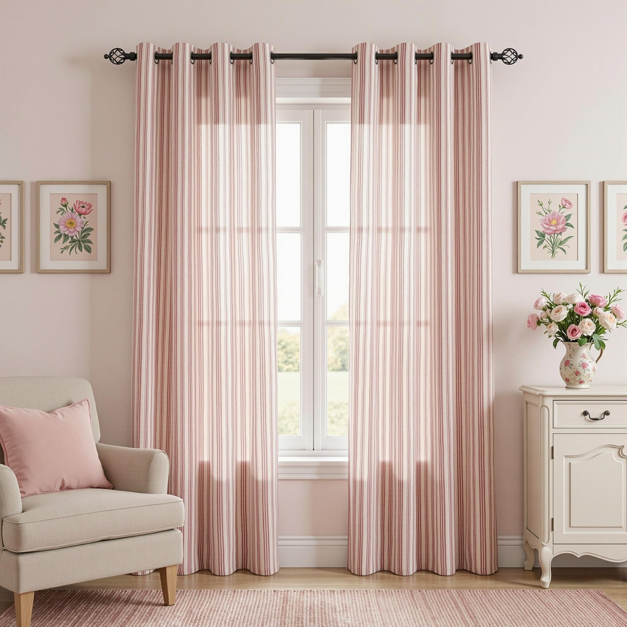 MYSKY HOME Red Striped Linen Curtains for Girls Bedroom 96 Inches 2 Panels