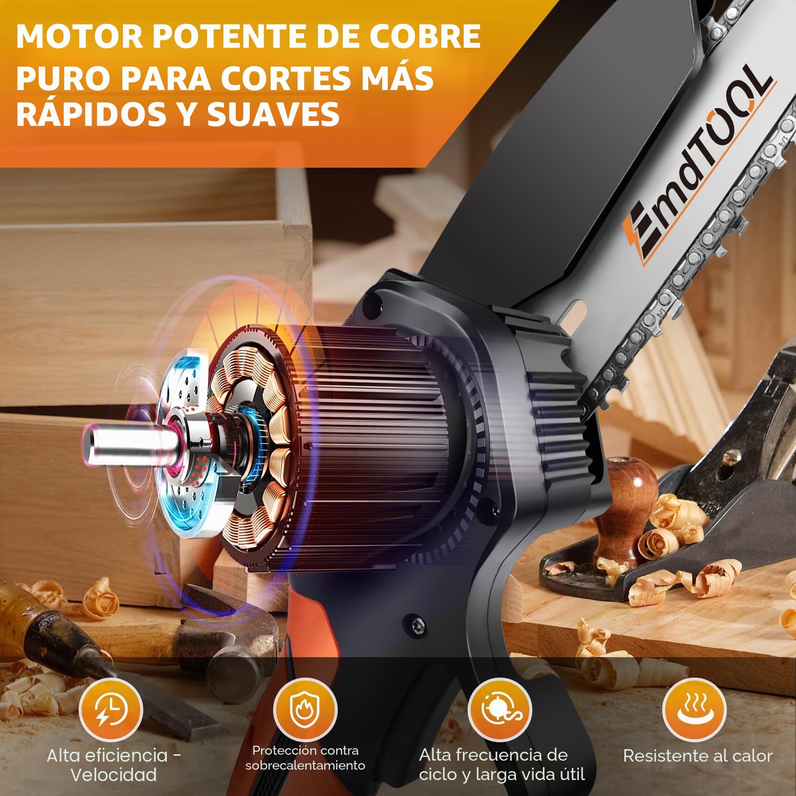 Sierra de cadena a batería de 21 V con batería, 2 cadenas, 6 pulgadas, naranja, motosierra eléctrica con una sola mano, con cerradura de seguridad para jardinería, poda de árboles, corte de