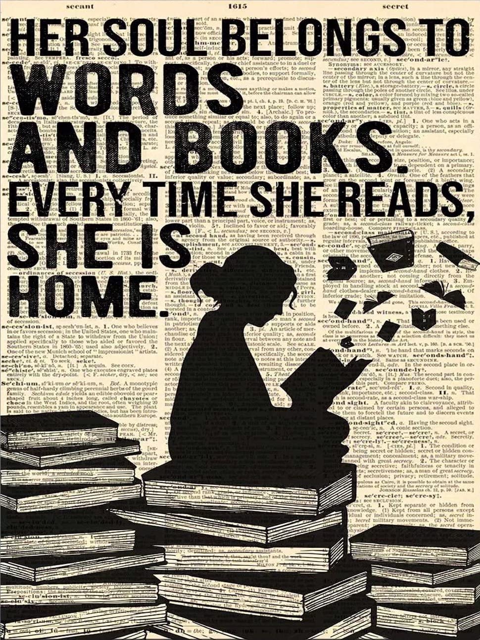 Reading Books Girl Metal Tin Sign,Her Soul Belongs to Words and Books Every Time She Reads,She is Home,Wall Decor Sign for Home Bar Kitchen Pub Garage Farm Village 12x16 Inch