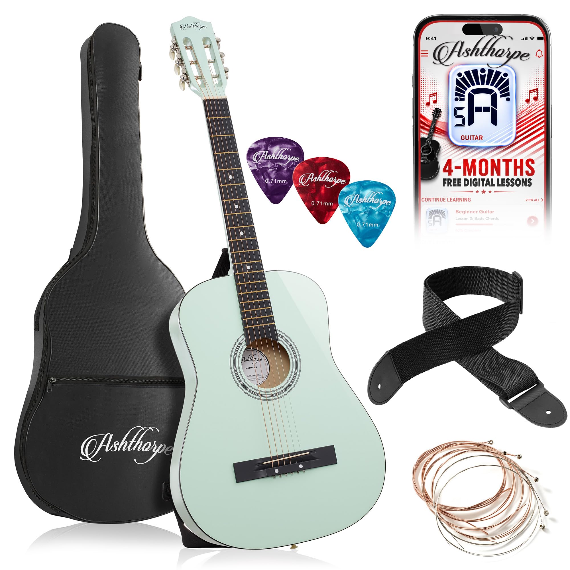 Ashthorpe 38-inch Beginner Acoustic Guitar (Mint Green), Starter Kit with Gig Bag, Extra Strings, Strap, Picks, and Lessons