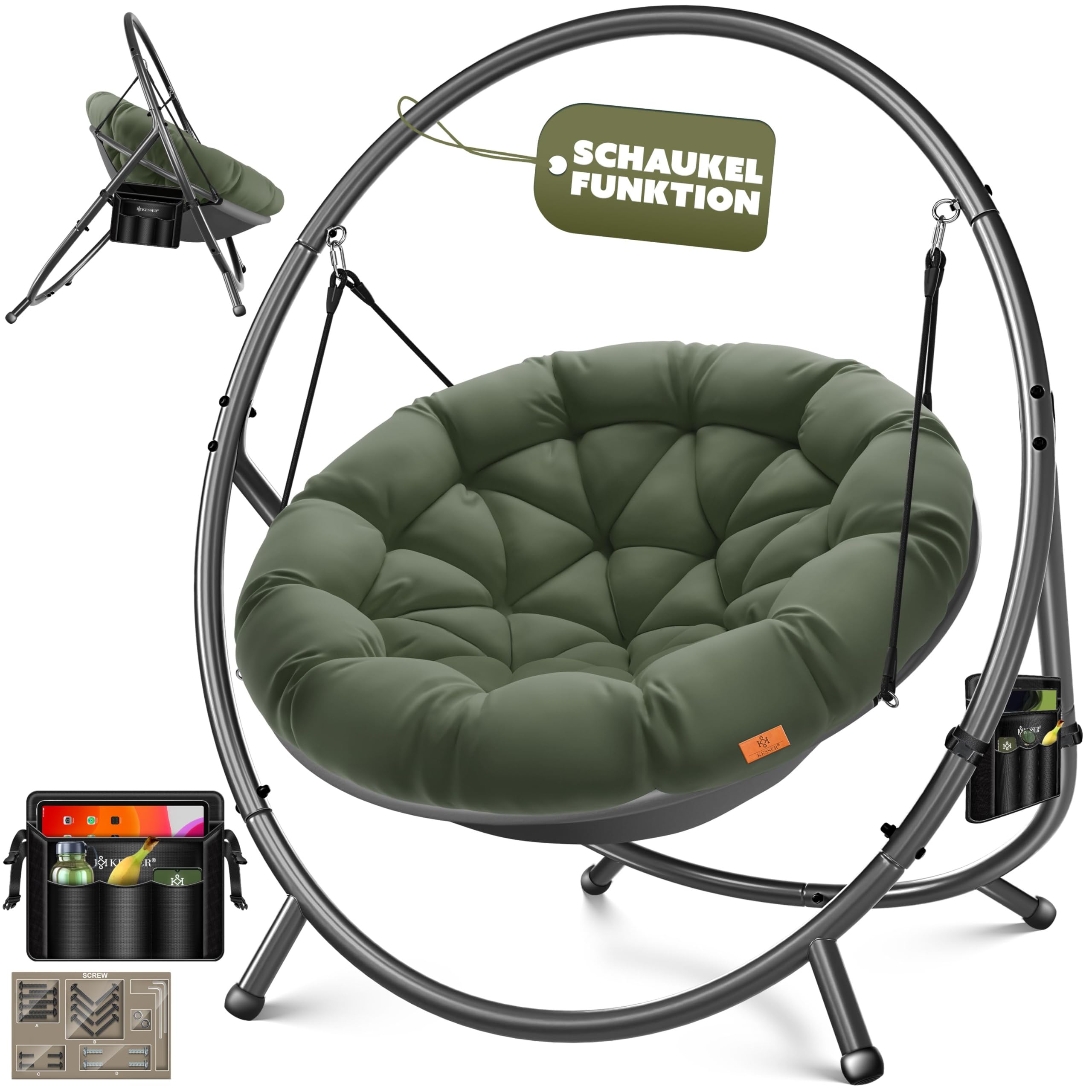 KESSER® Hängesessel mit Gestell Bali Hängeschaukel Hängestuhl bis 150kg für Indoor und Outdoor + Kissen & Seitentasche Hängekorb Stahlgestell & Schaumstoff Sitzpolster